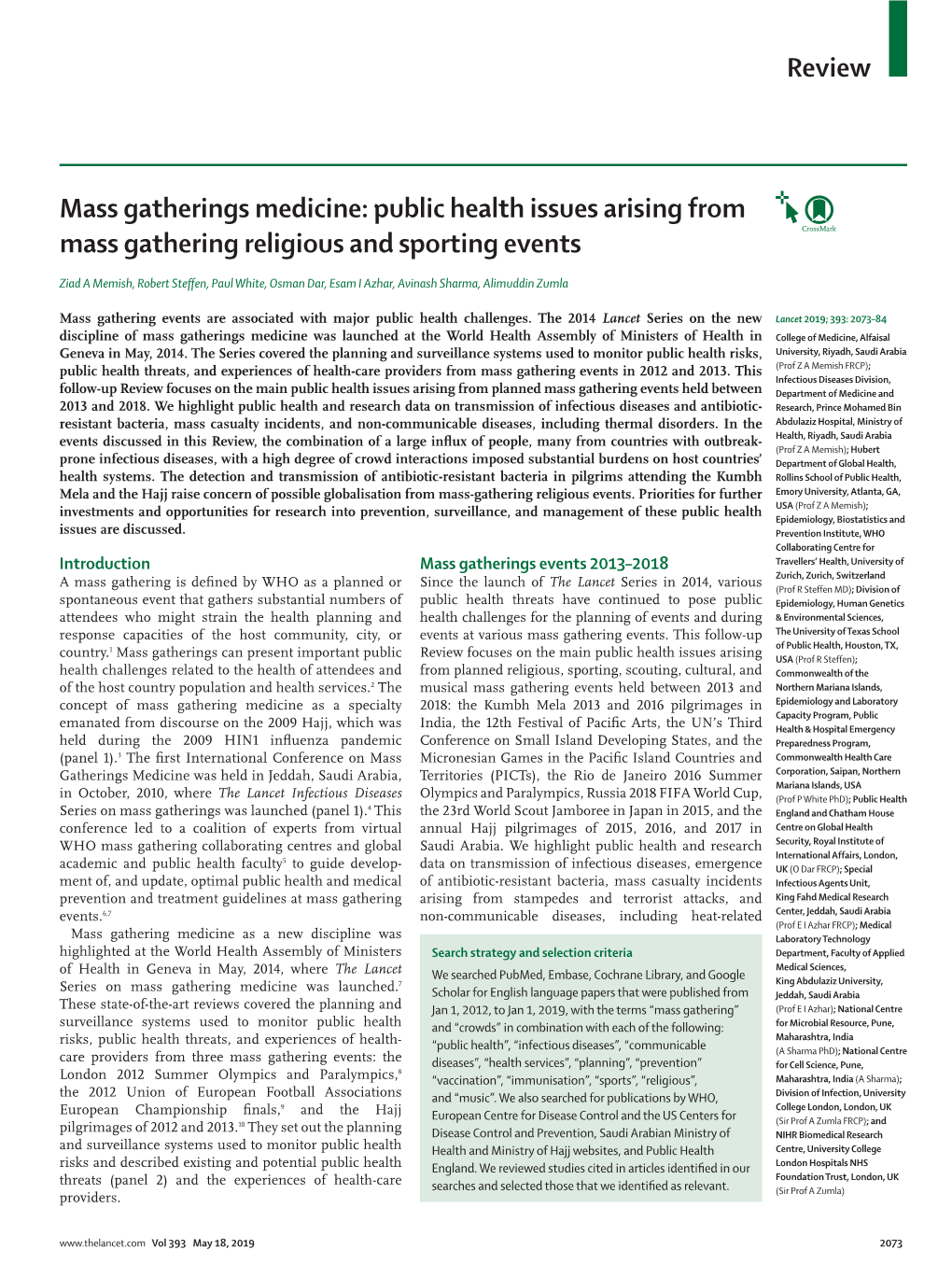 Mass Gatherings Medicine: Public Health Issues Arising from Mass Gathering Religious and Sporting Events