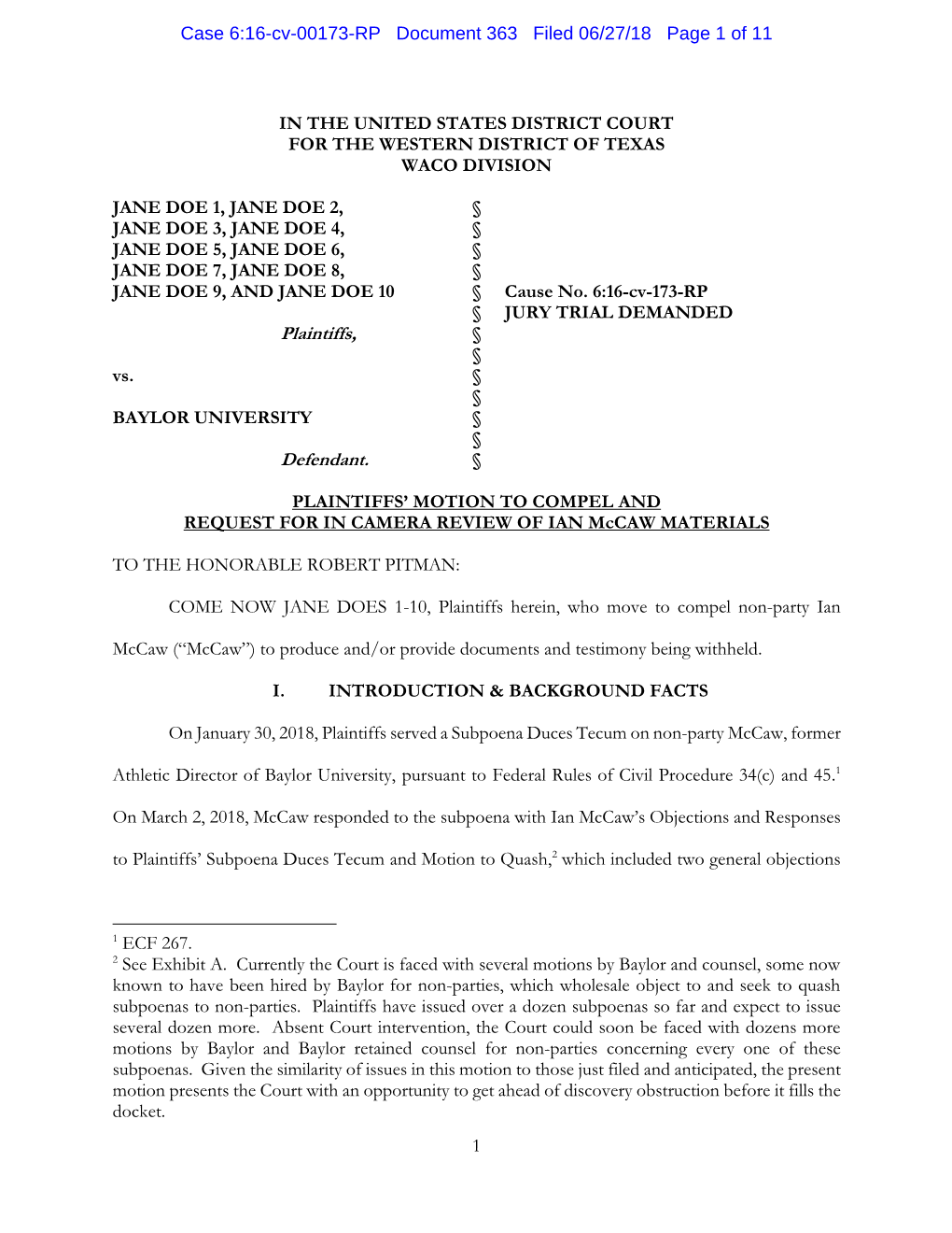 2018-06-27 Doc 363 Plaintiffs%27 Motion to Compel and Request For