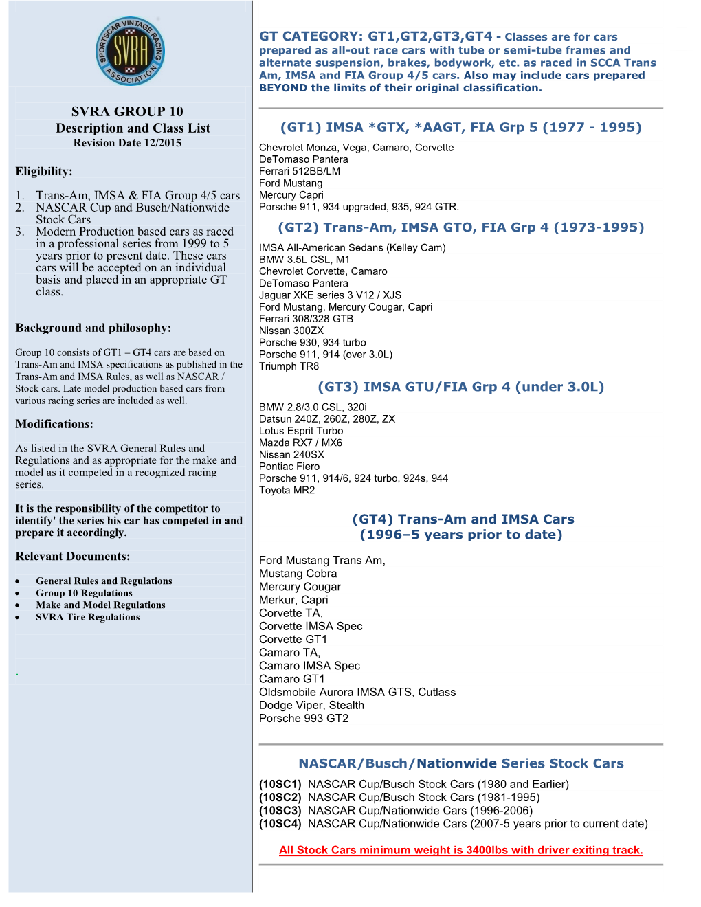 SVRA GROUP 10 Description and Class List