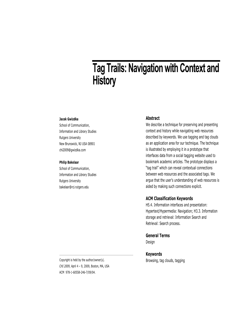 Tag Trails: Navigation with Context and History