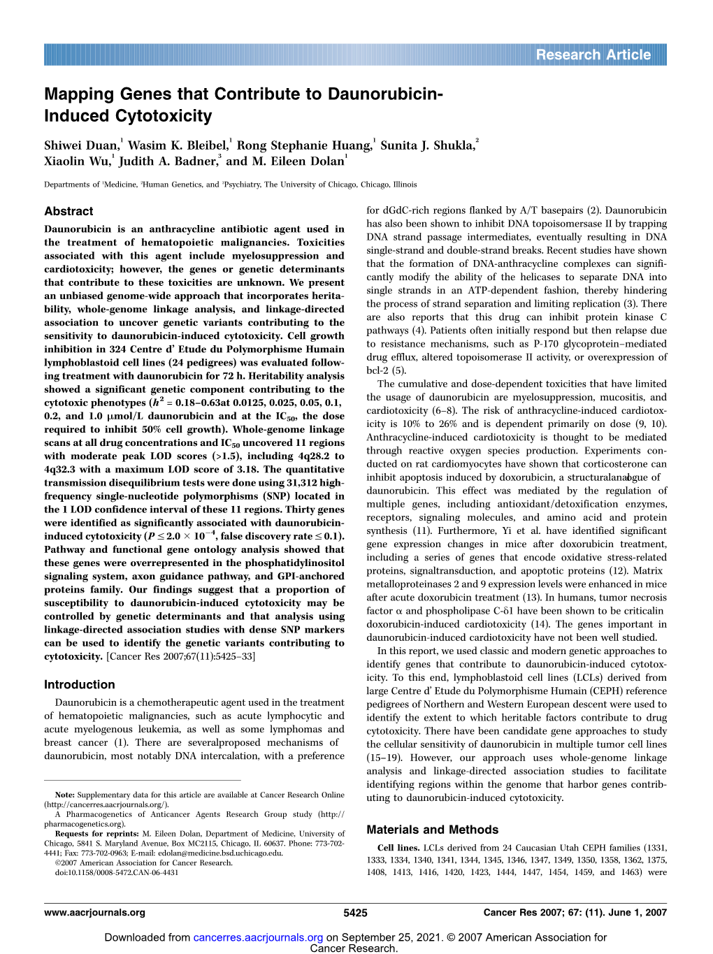 Mapping Genes That Contribute to Daunorubicin- Induced Cytotoxicity