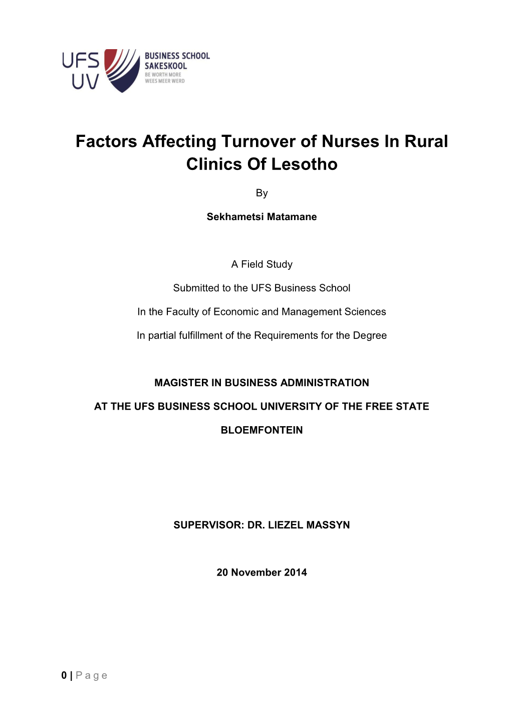 Factors Affecting Turnover of Nurses in Rural Clinics of Lesotho