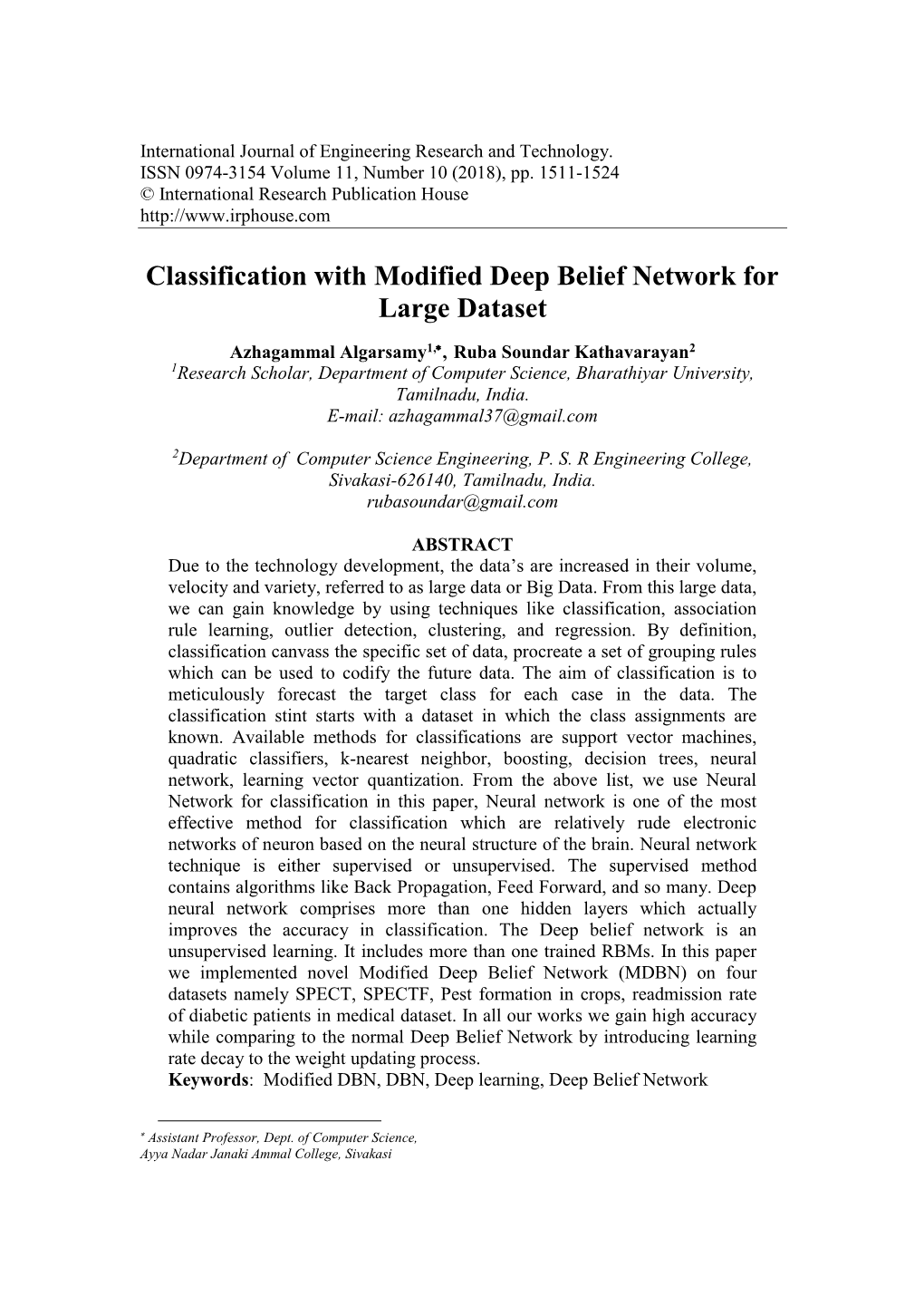 Classification with Modified Deep Belief Network for Large Dataset