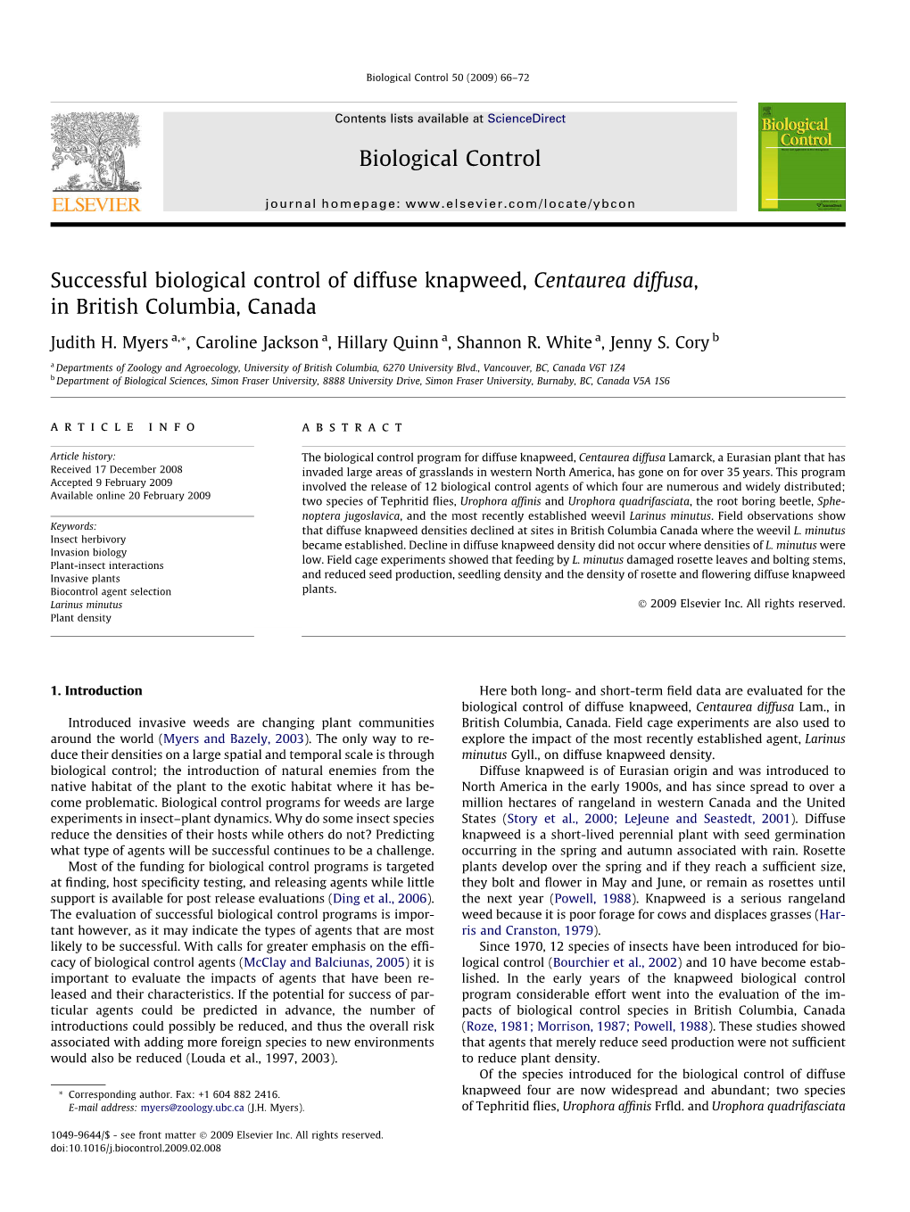 Successful Biological Control of Diffuse Knapweed, Centaurea Diffusa, in British Columbia, Canada