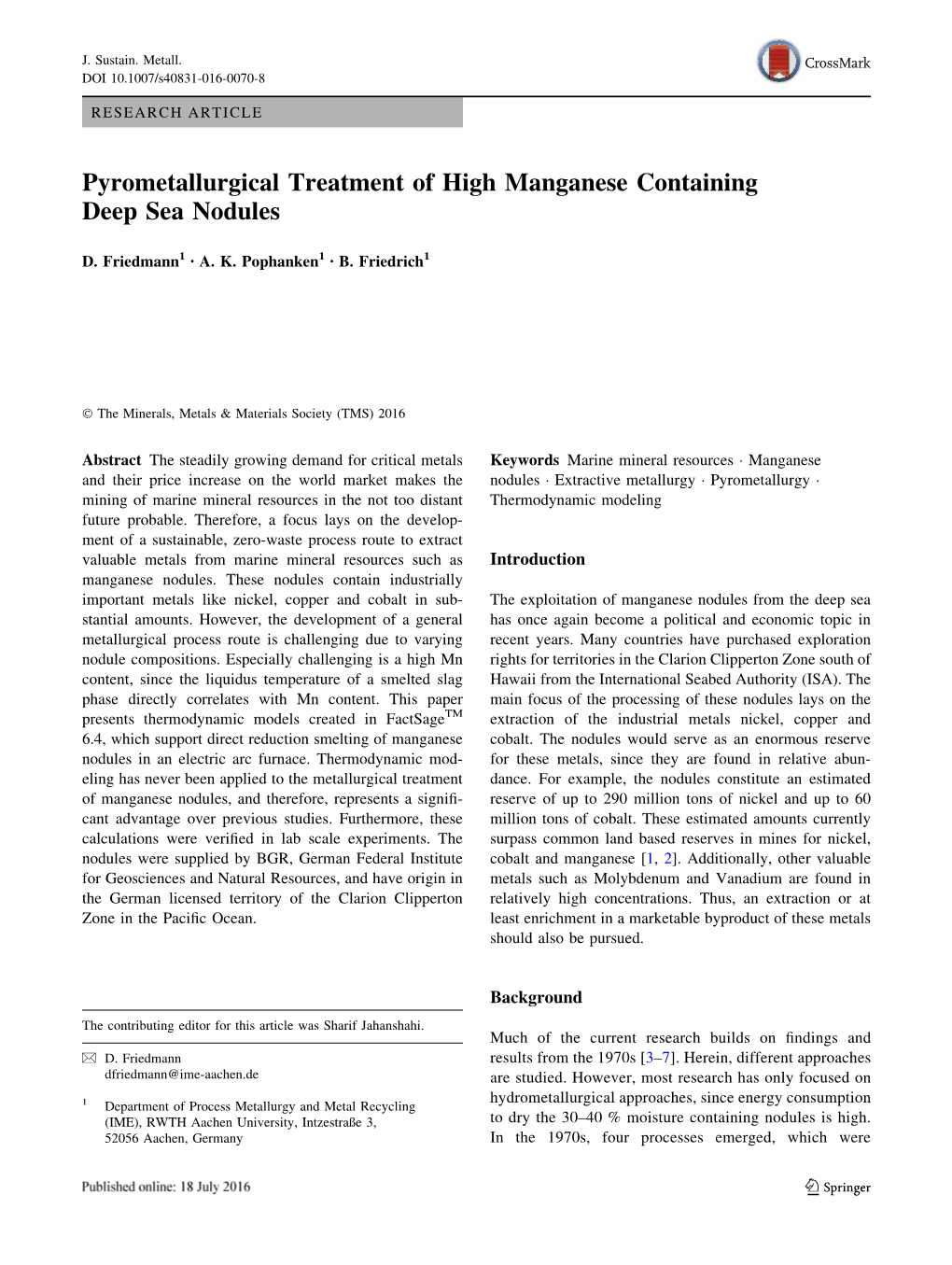 Pyrometallurgical Treatment of High Manganese Containing Deep Sea Nodules