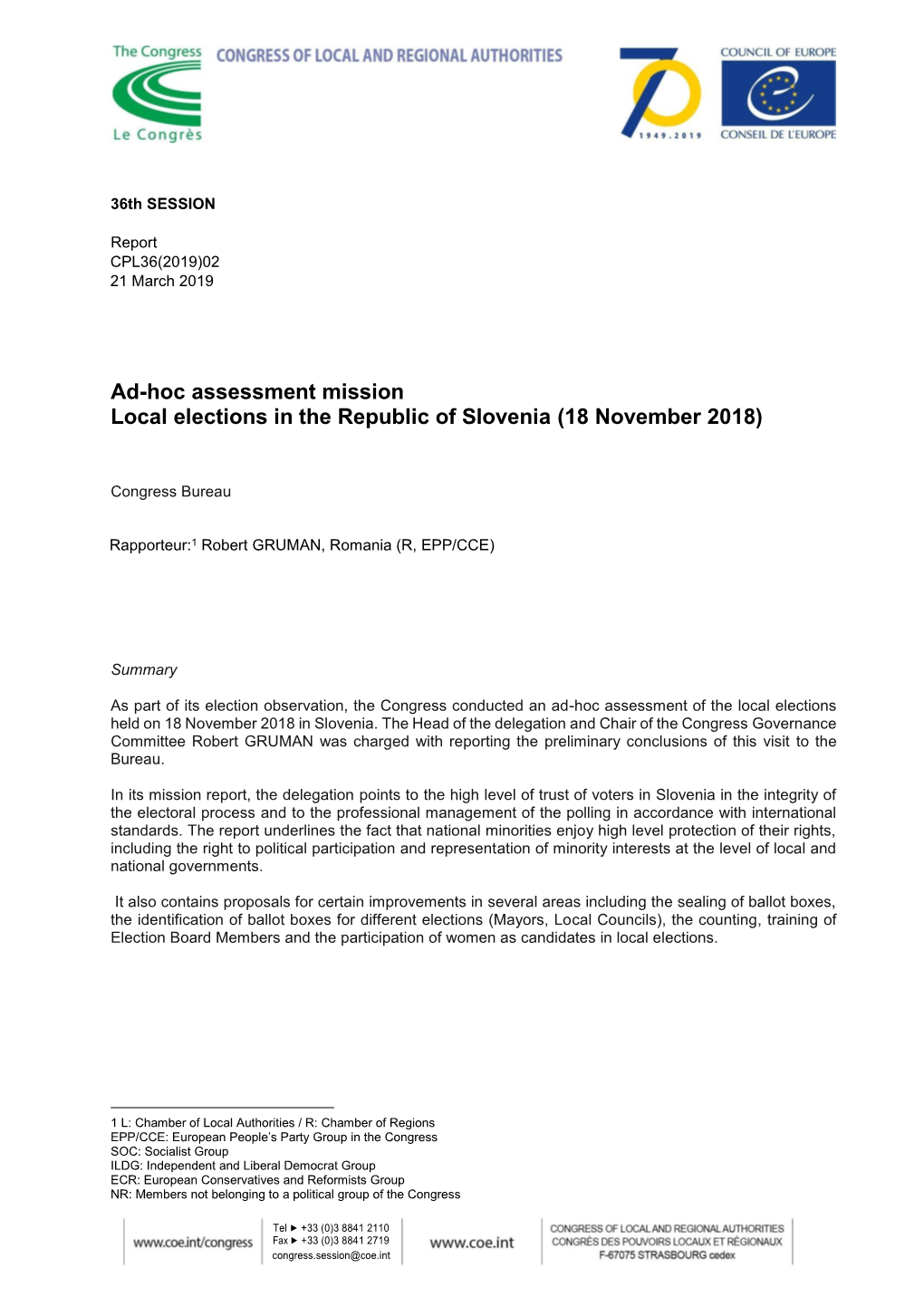 Ad-Hoc Assessment Mission Local Elections in the Republic of Slovenia (18 November 2018)