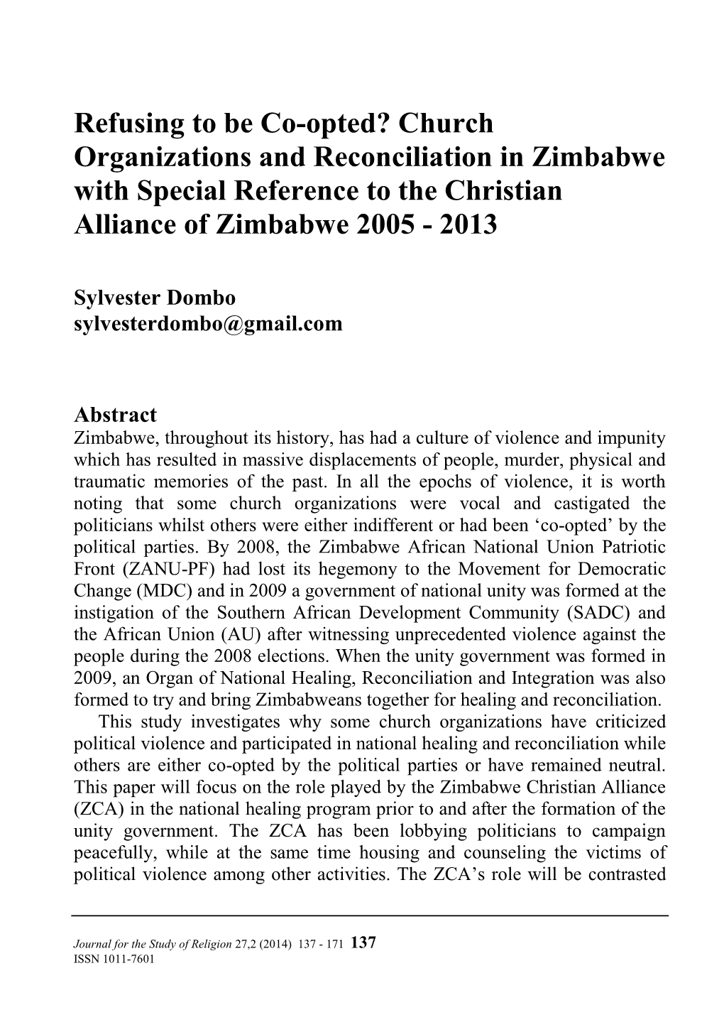 Refusing to Be Co-Opted? Church Organizations and Reconciliation in Zimbabwe with Special Reference to the Christian Alliance of Zimbabwe 2005 - 2013