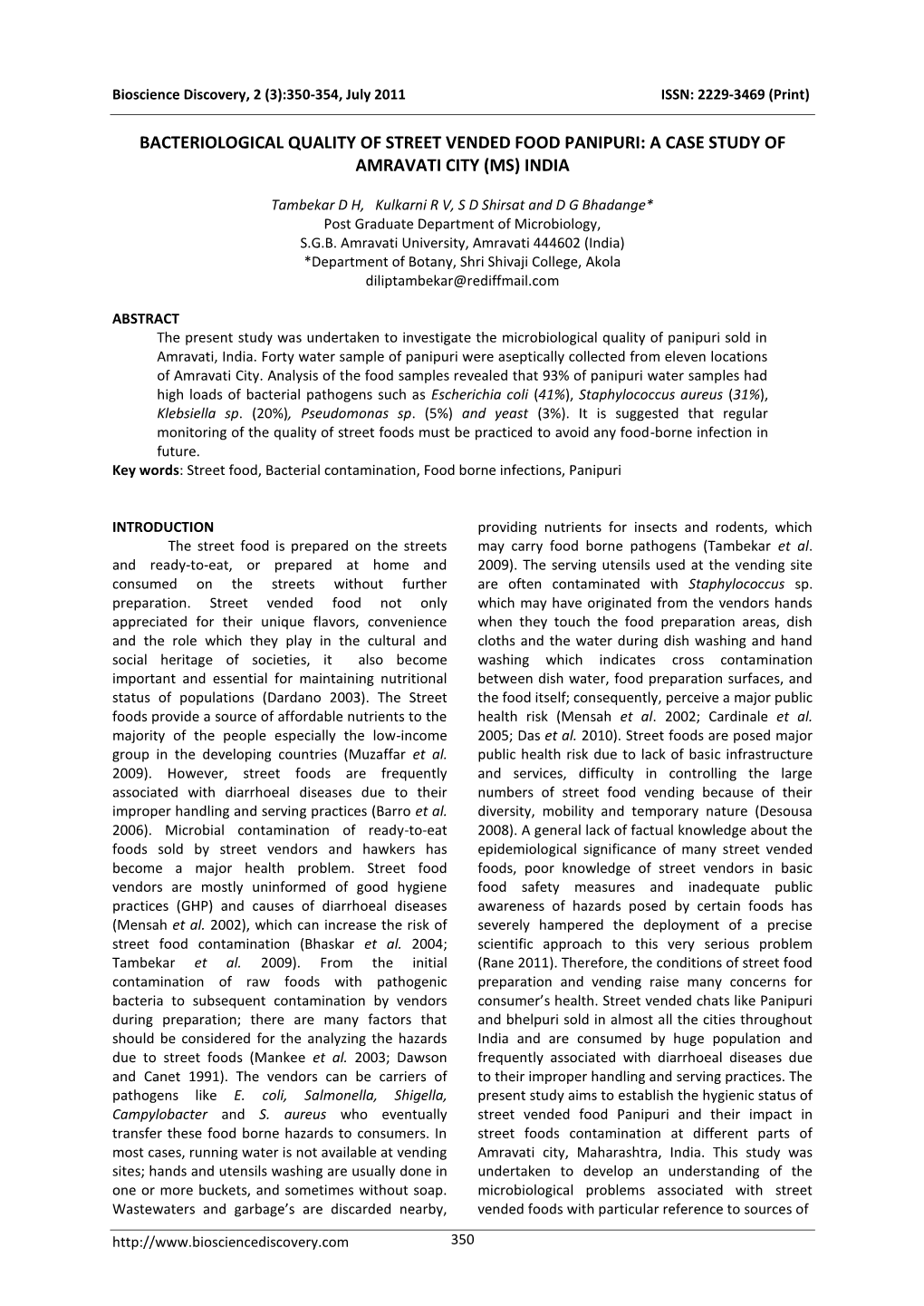 Bacteriological Quality of Street Vended Food Panipuri: a Case Study of Amravati City (Ms) India