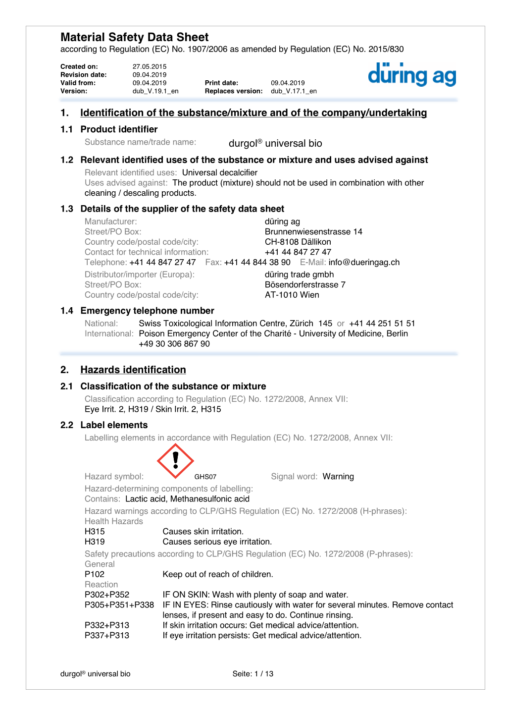 Material Safety Data Sheet According to Regulation (EC) No