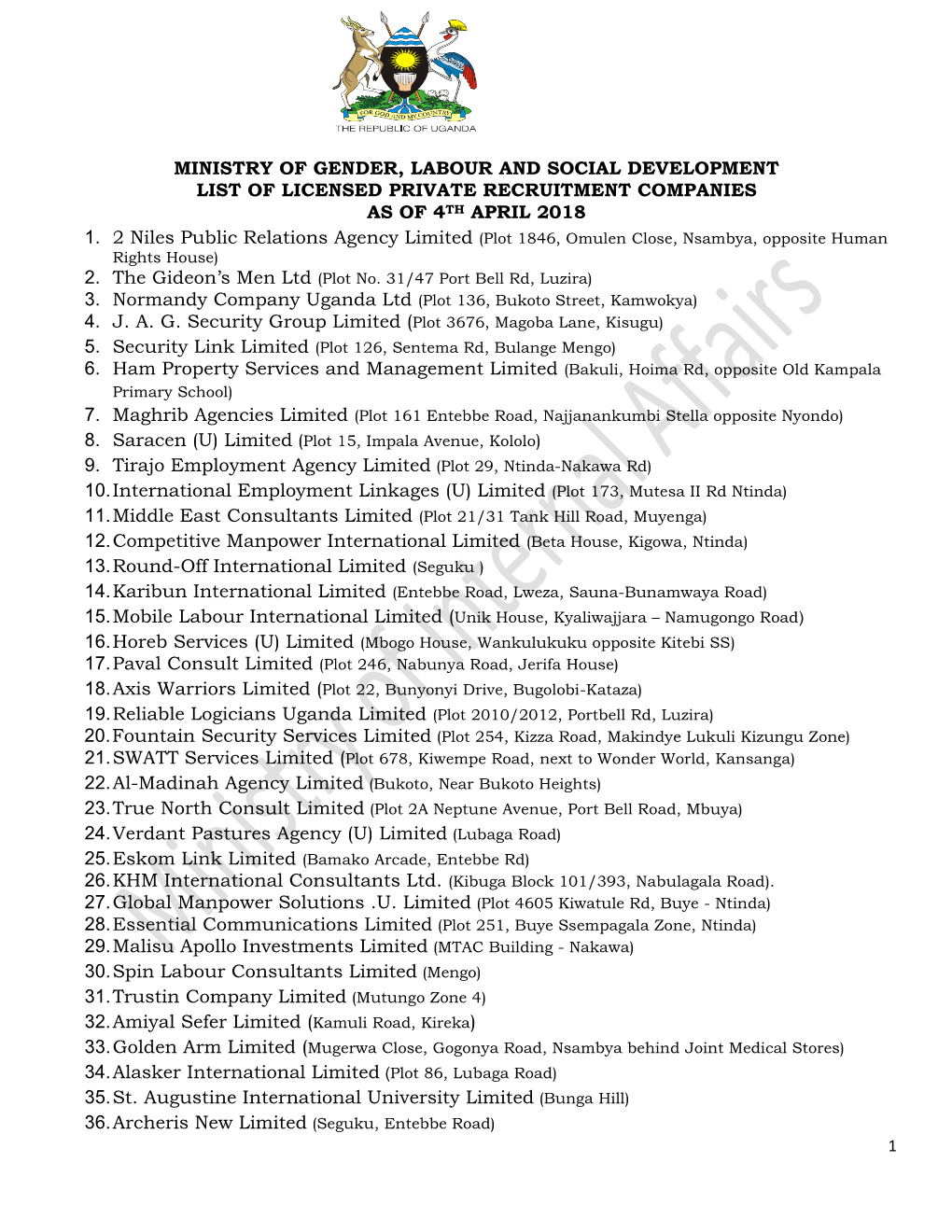 Ministry of Gender, Labour and Social Development List of Licensed Private Recruitment Companies As of 4Th April 2018 1