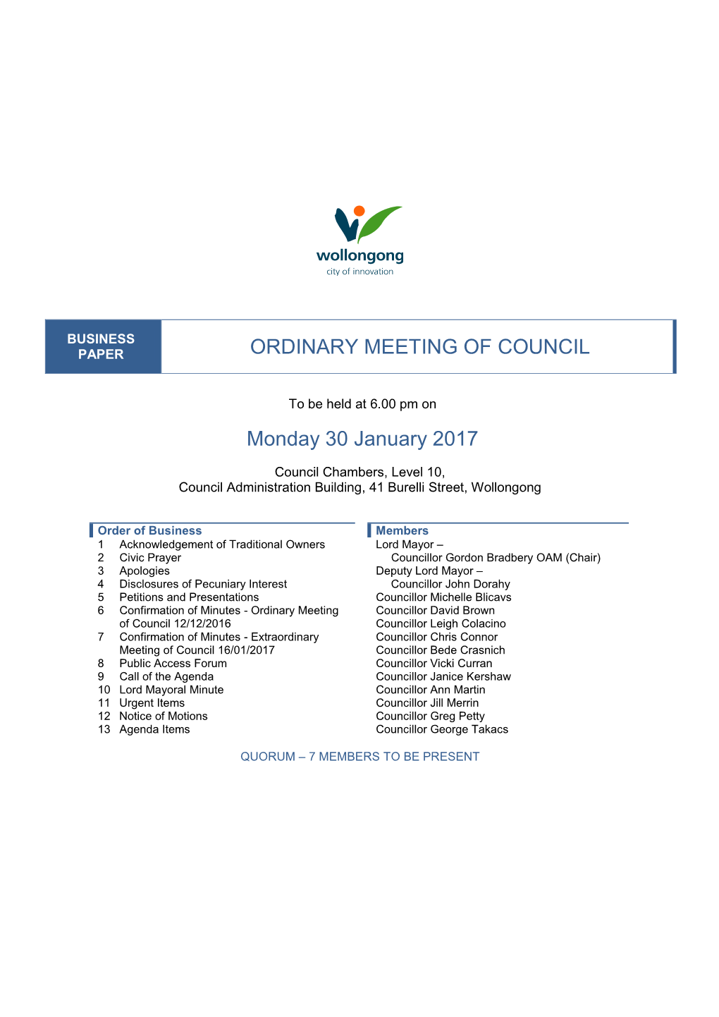 Council Business Paper 30 January 2017