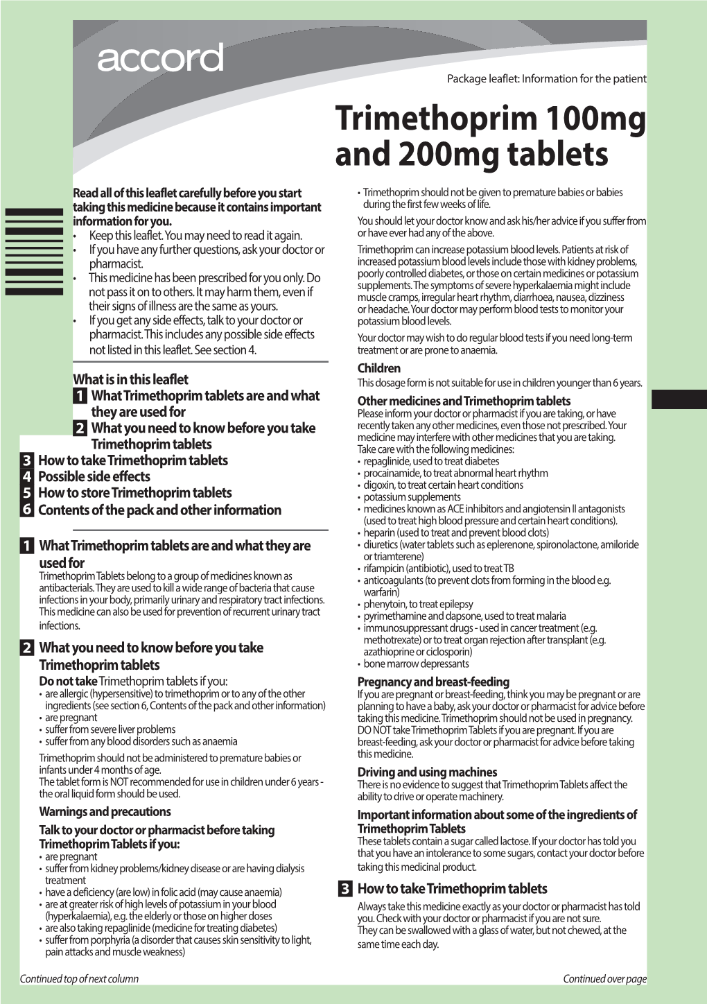 Trimethoprim 100Mg and 200Mg Tablets