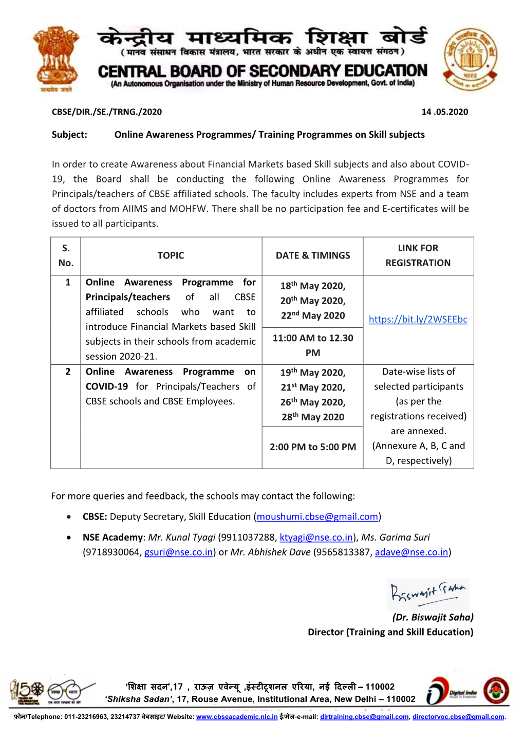 Subject: Online Awareness Programmes/ Training Programmes on Skill Subjects