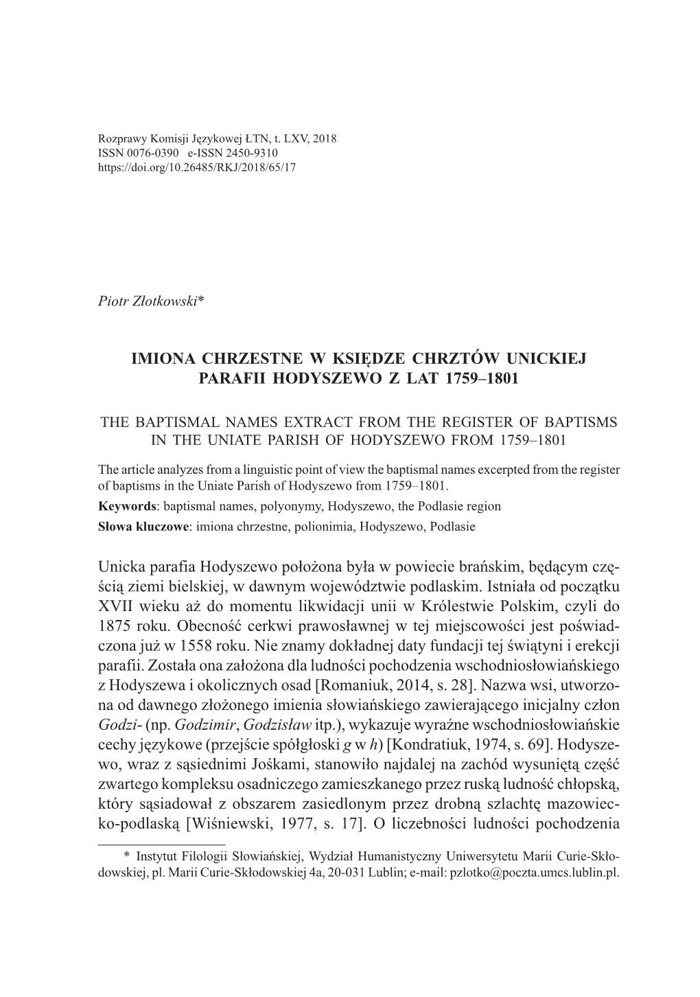 IMIONA CHRZESTNE W KSIĘDZE CHRZTÓW UNICKIEJ PARAFII HODYSZEWO Z LAT 1759–1801 Unicka Parafia Hodyszewo Położona Była