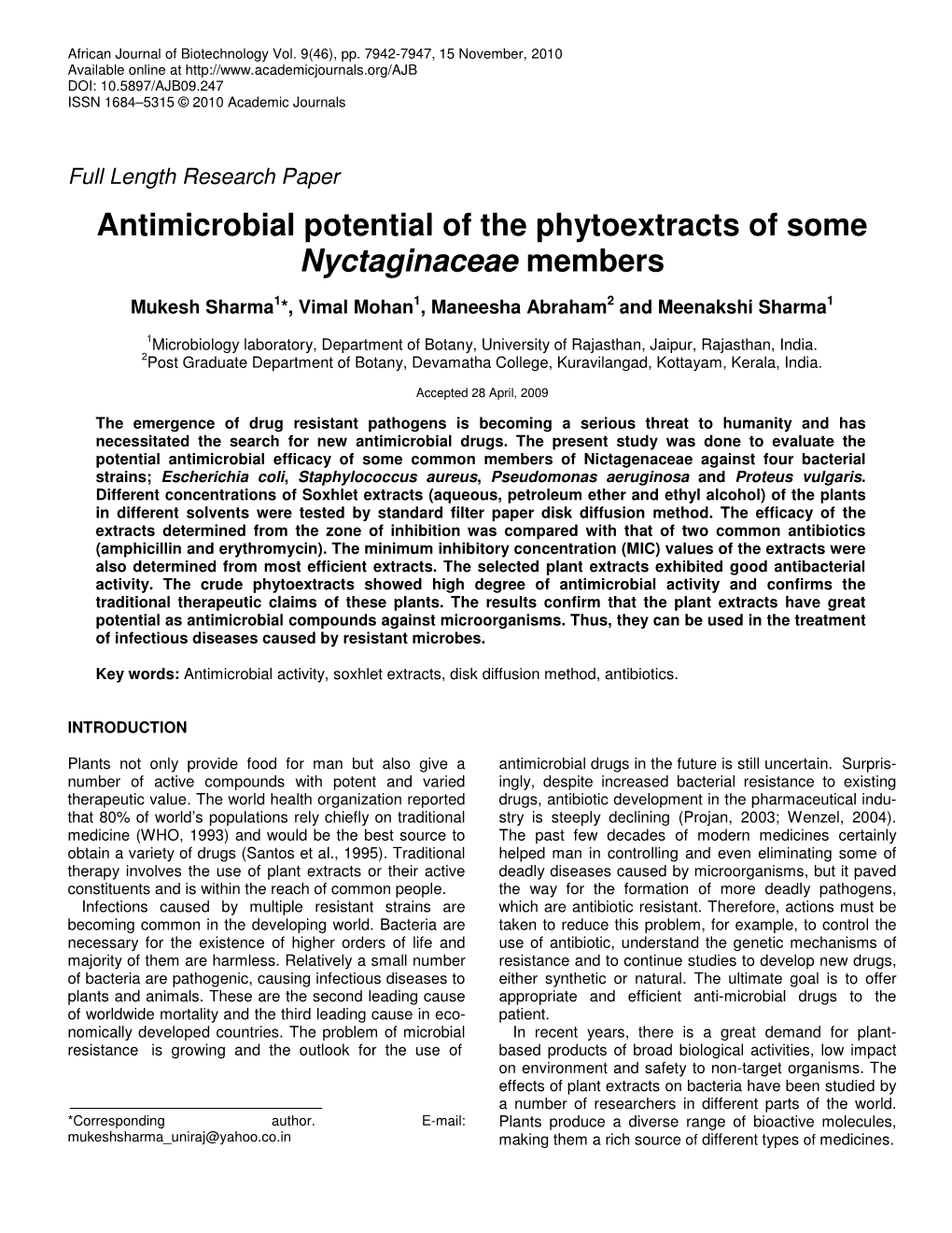 Antimicrobial Potential of the Phytoextracts of Some Nyctaginaceae Members