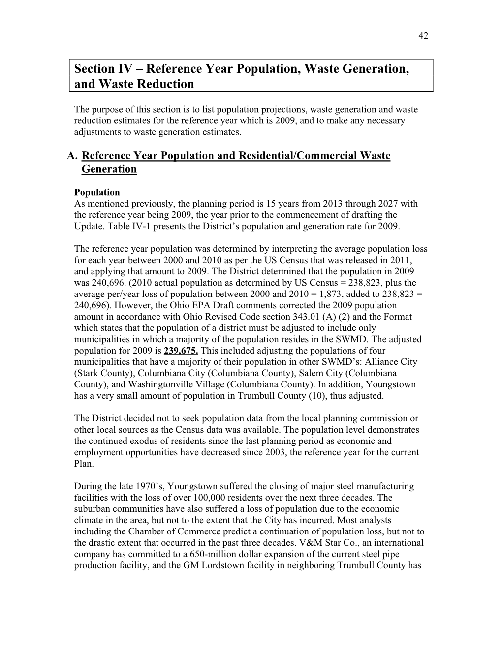 Section IV – Reference Year Population, Waste Generation, and Waste Reduction