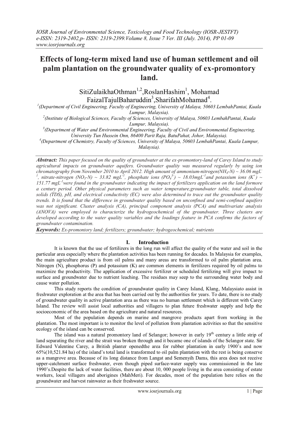 Effects of Long-Term Mixed Land Use of Human Settlement and Oil Palm Plantation on the Groundwater Quality of Ex-Promontory Land