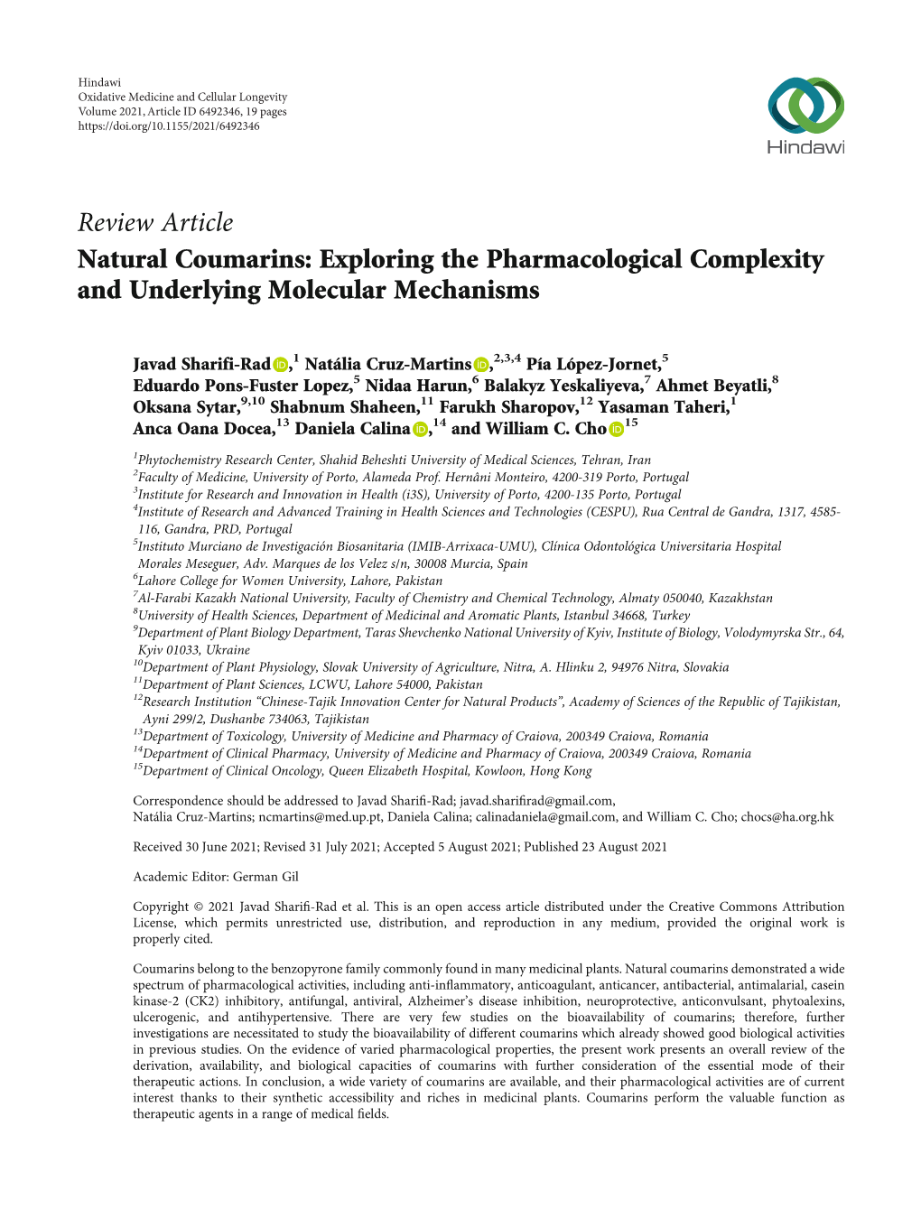 Review Article Natural Coumarins: Exploring the Pharmacological Complexity and Underlying Molecular Mechanisms