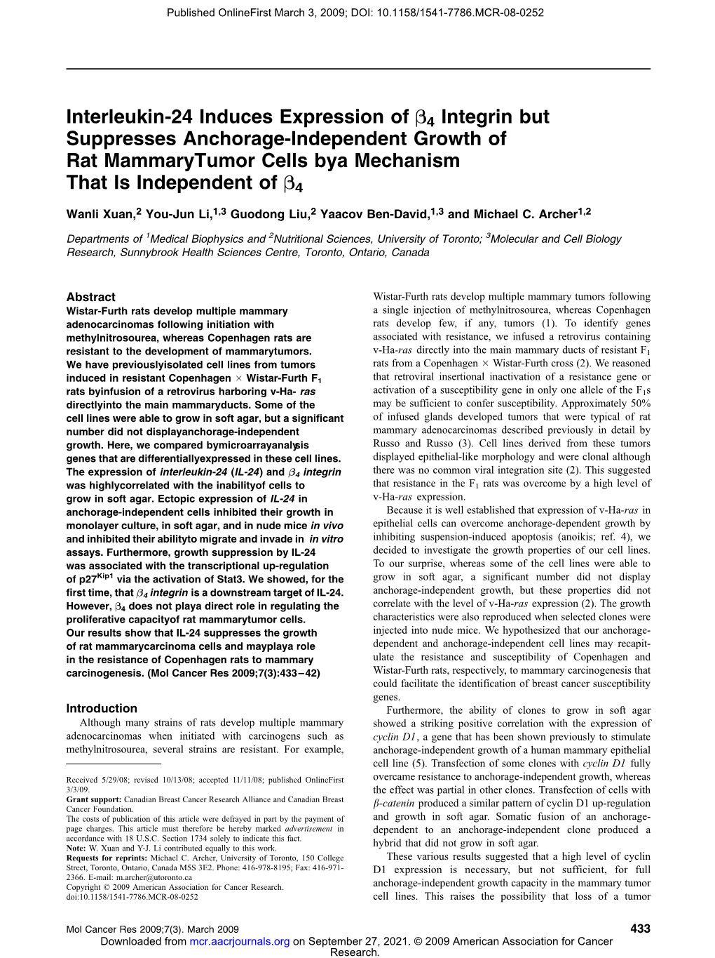 Interleukin-24 Induces Expression of B4 Integrin but Suppresses Anchorage-Independent Growth of Rat Mammarytumor Cells Bya Mechanism That Is Independent of B4