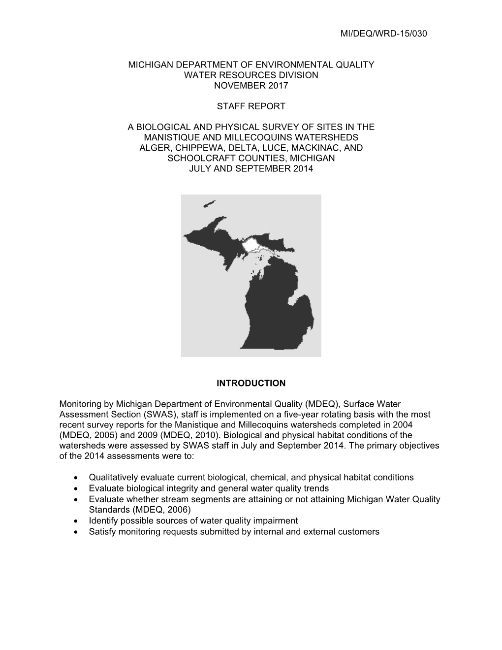 A Biological and Physical Survey of Sites in the Manistique And