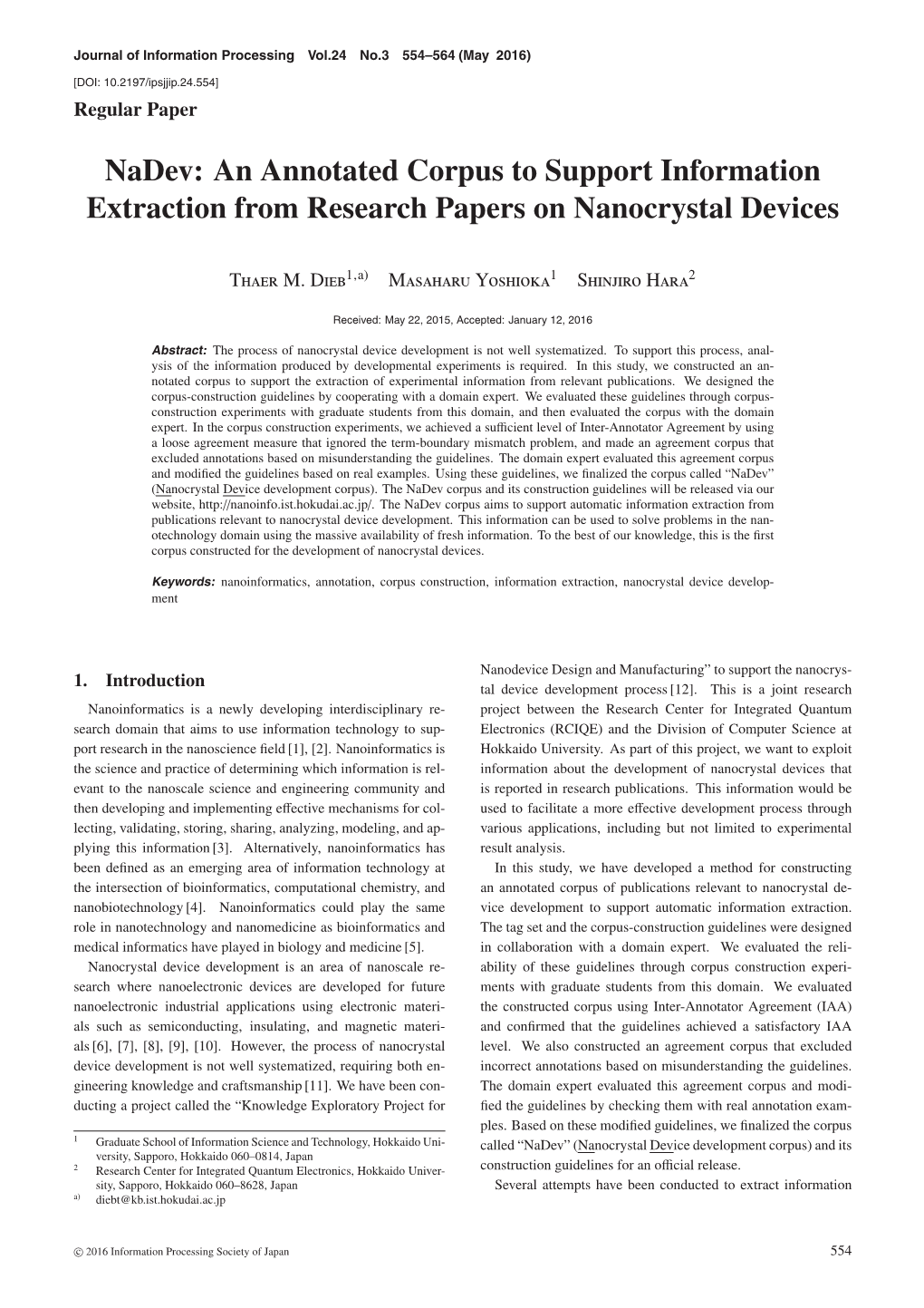 Nadev: an Annotated Corpus to Support Information Extraction from Research Papers on Nanocrystal Devices