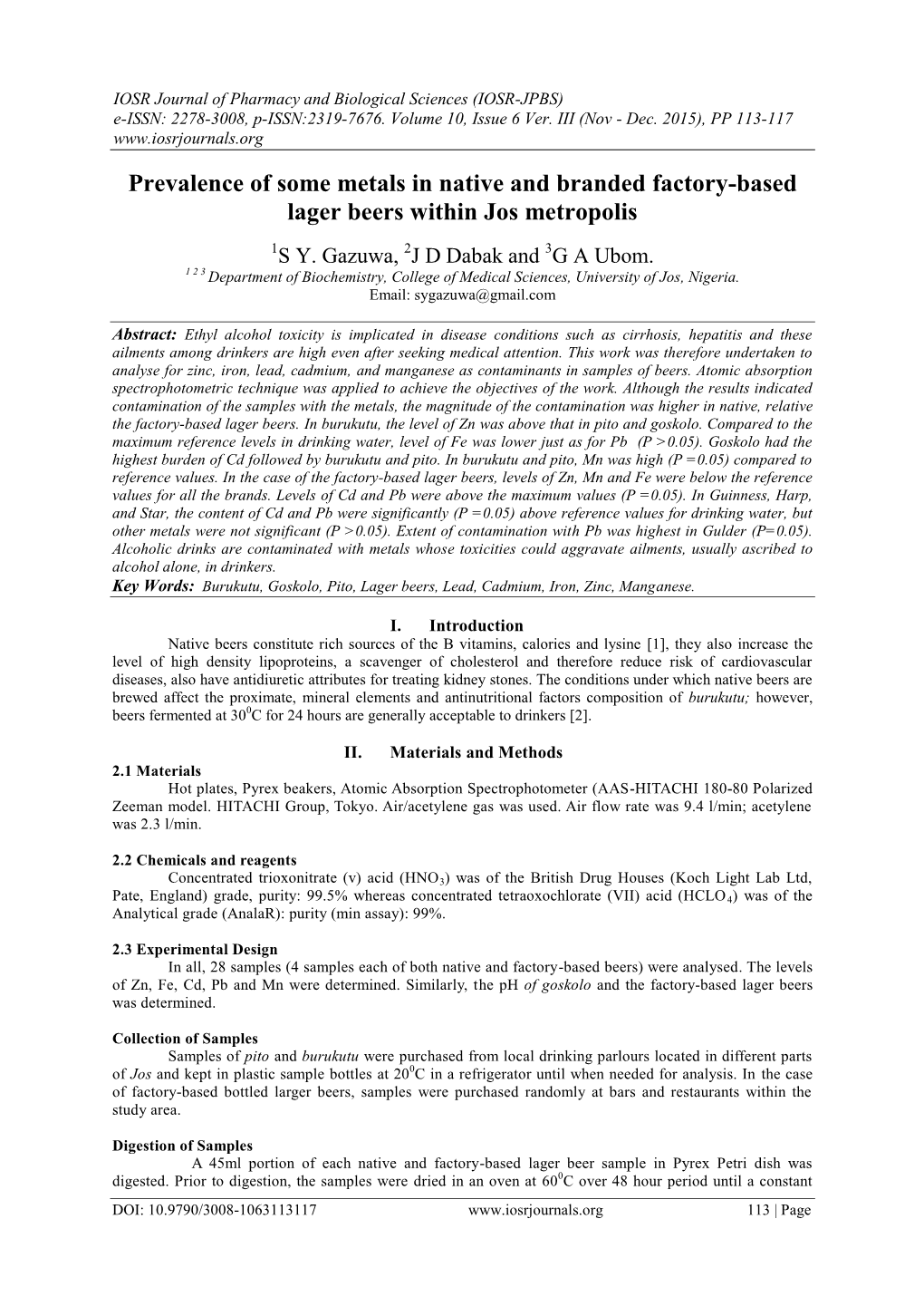 Prevalence of Some Metals in Native and Branded Factory-Based Lager Beers Within Jos Metropolis