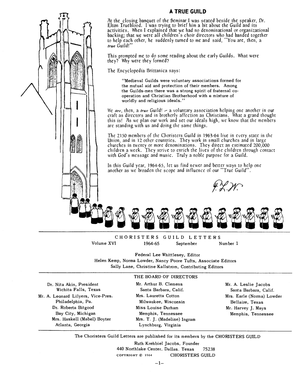 Iletiltil CHORISTERS GUILD LETTERS Volume XVI� 1964-65� September� Number 1