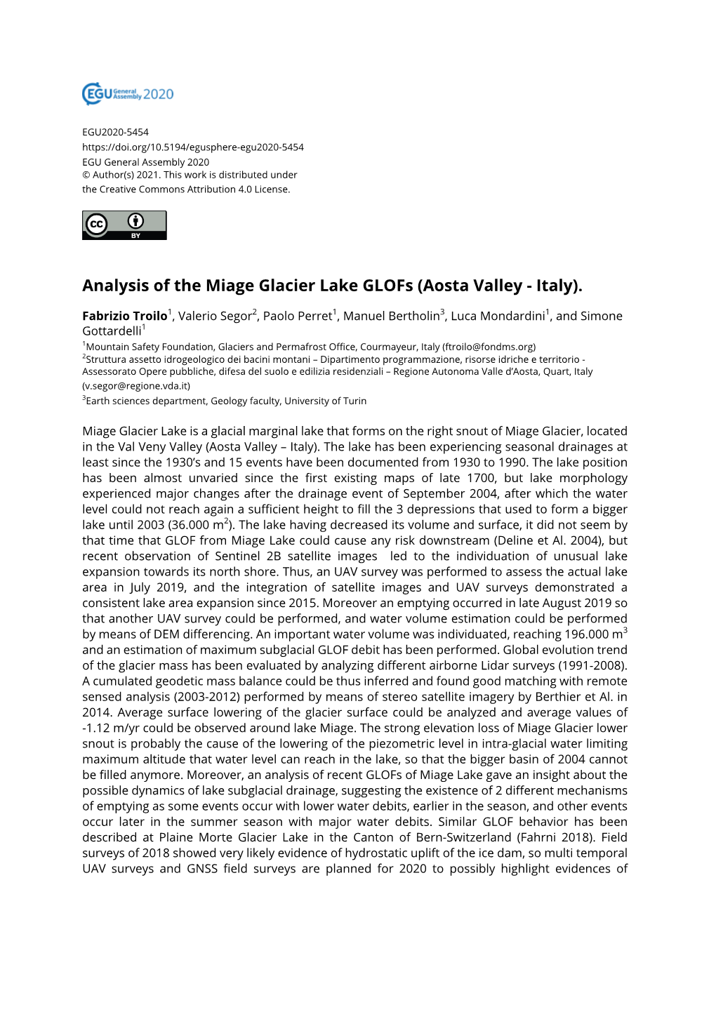 Analysis of the Miage Glacier Lake Glofs (Aosta Valley - Italy)