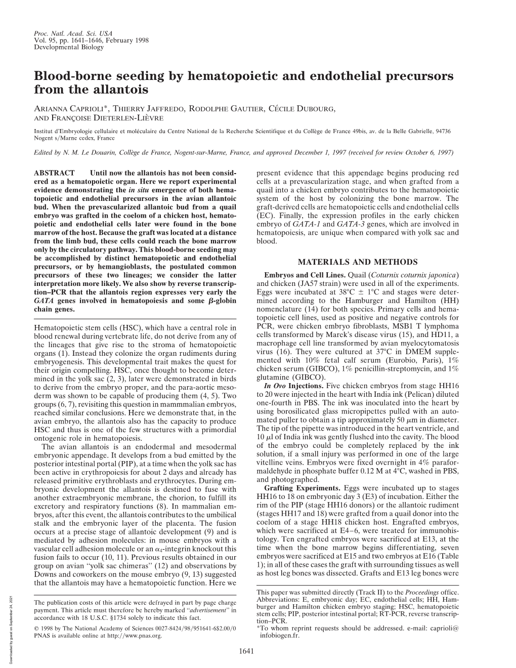 Blood-Borne Seeding by Hematopoietic and Endothelial Precursors from the Allantois