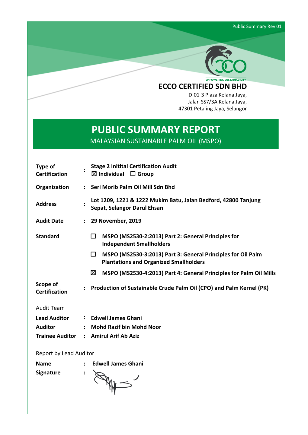 Public Summary Report Malaysian Sustainable Palm Oil (Mspo)