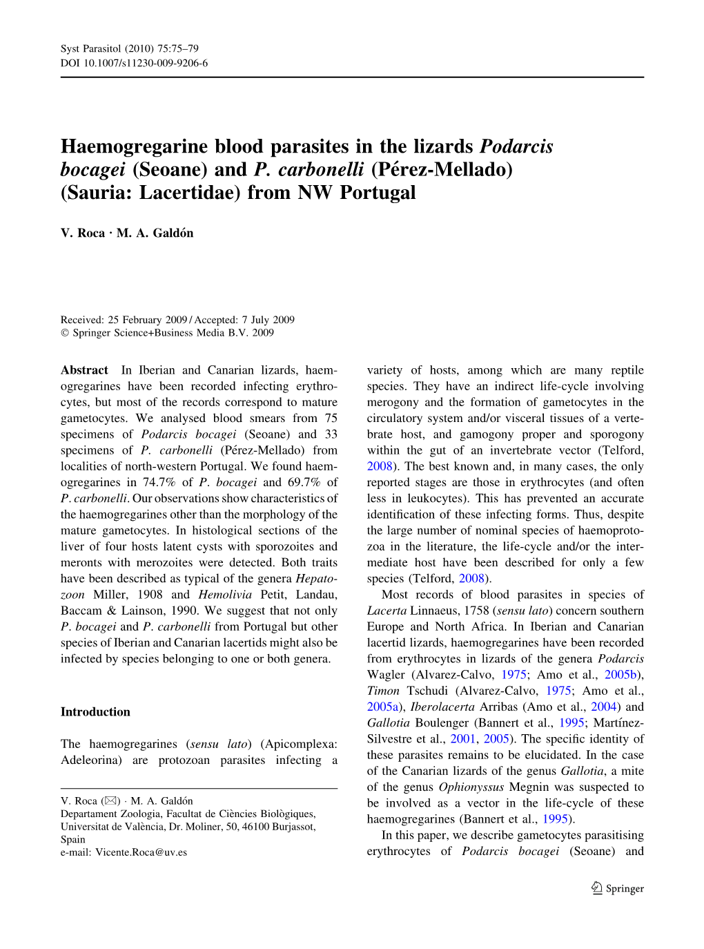 Haemogregarine Blood Parasites in the Lizards Podarcis Bocagei (Seoane) and P