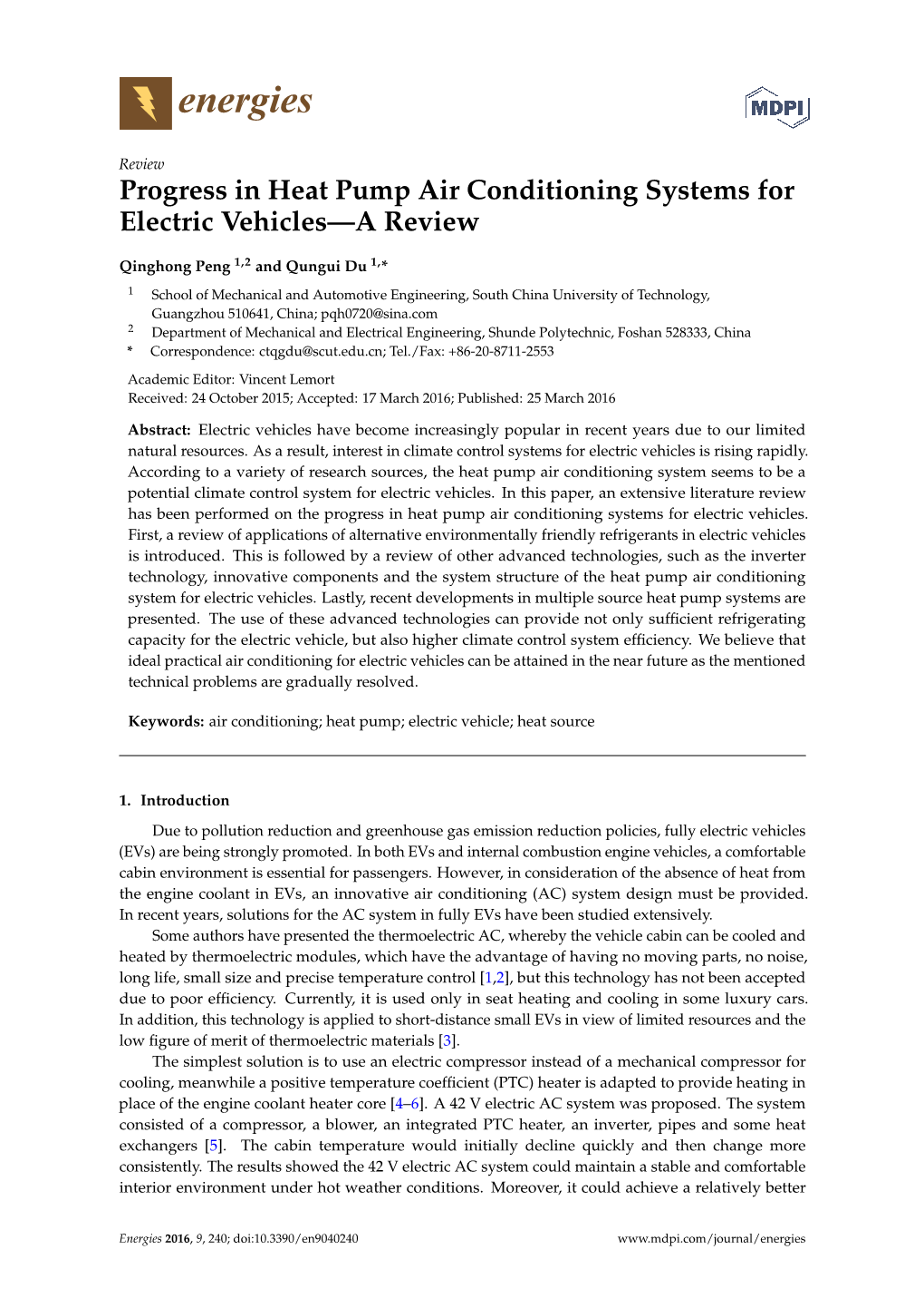 Progress in Heat Pump Air Conditioning Systems for Electric Vehicles—A Review