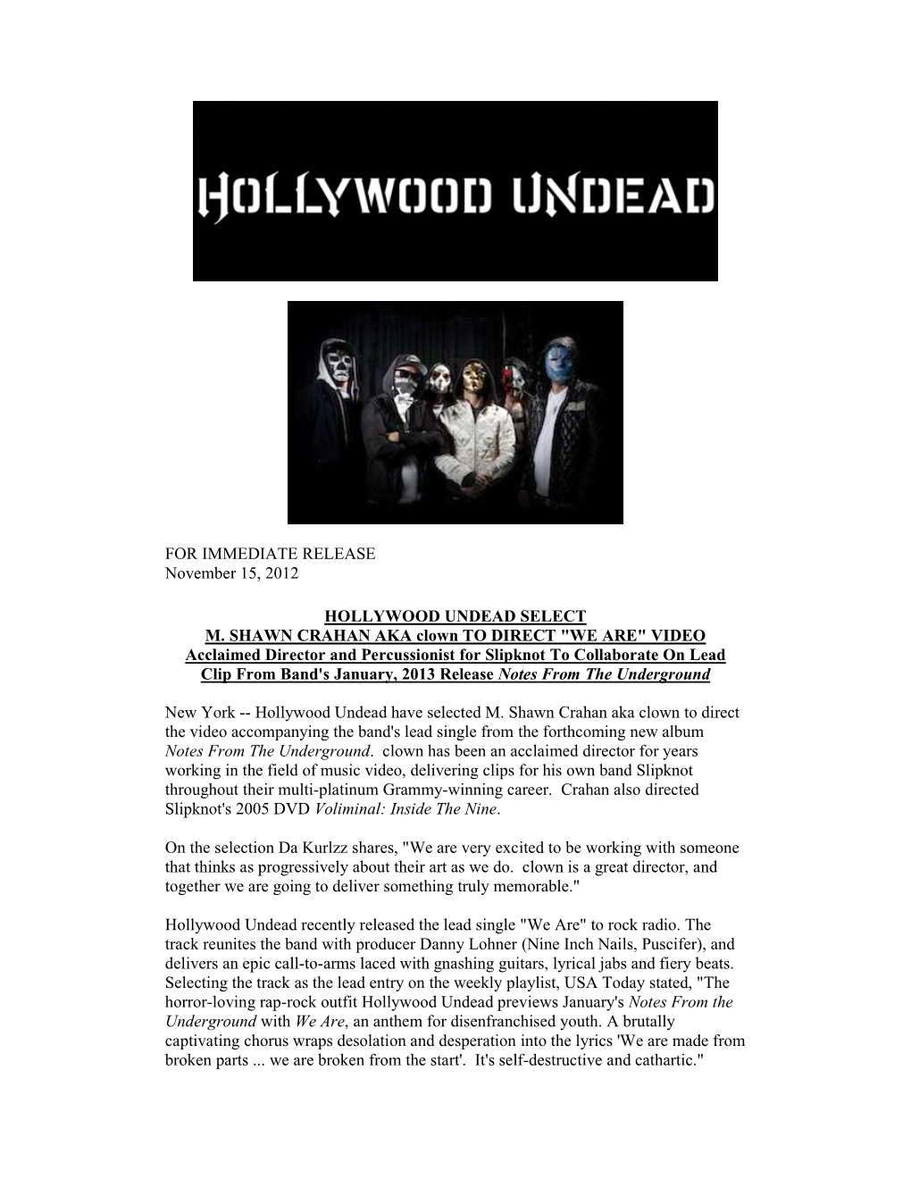 FOR IMMEDIATE RELEASE November 15, 2012 HOLLYWOOD