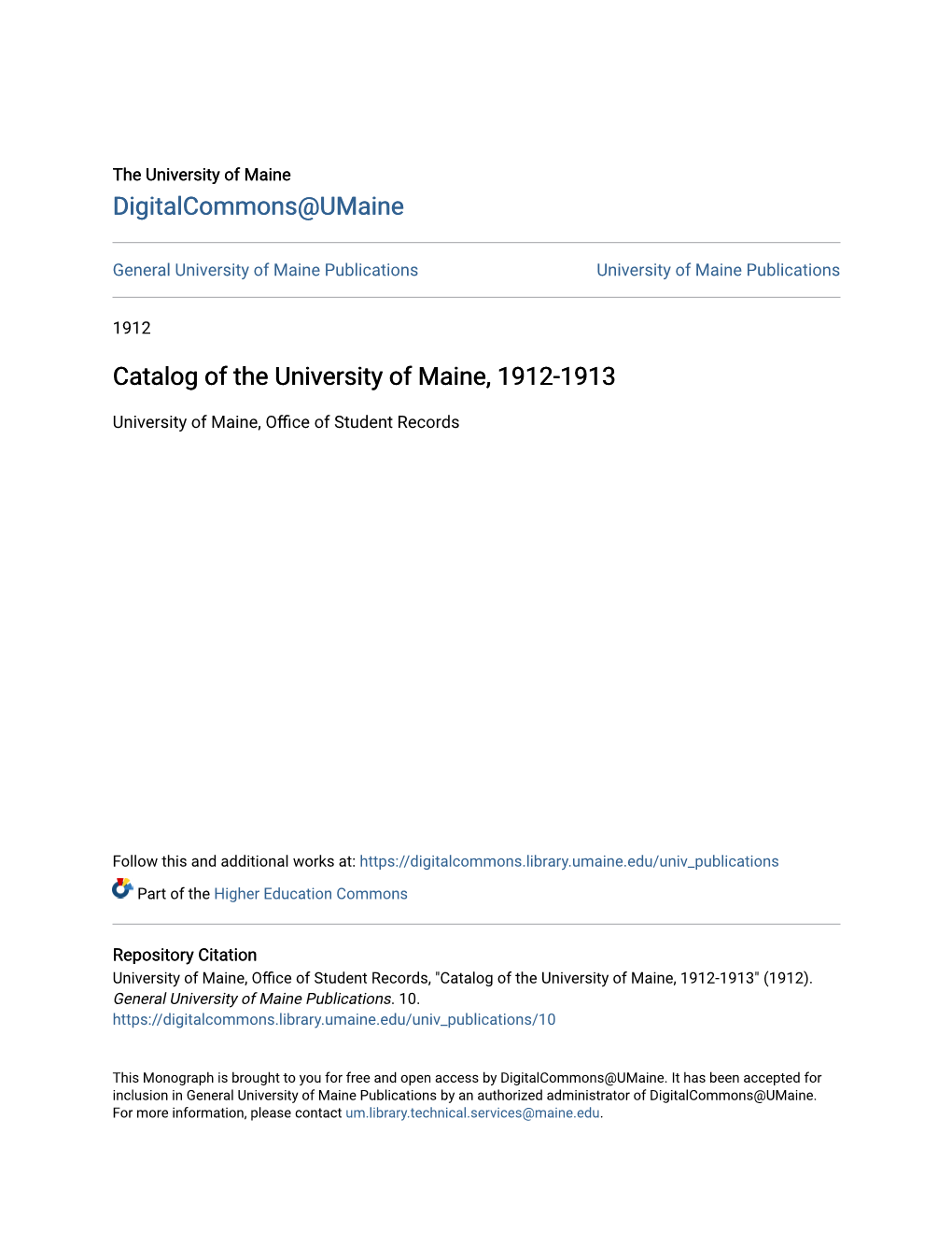 Catalog of the University of Maine, 1912-1913