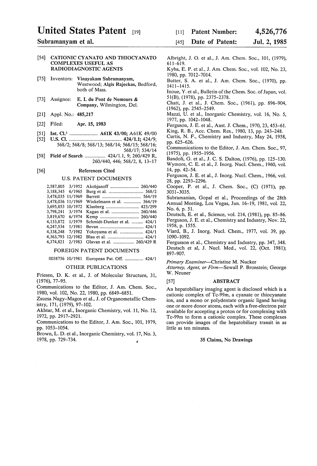 United States Patent (19) 11) Patent Number: 4,526,776 Subramanyam Et Al
