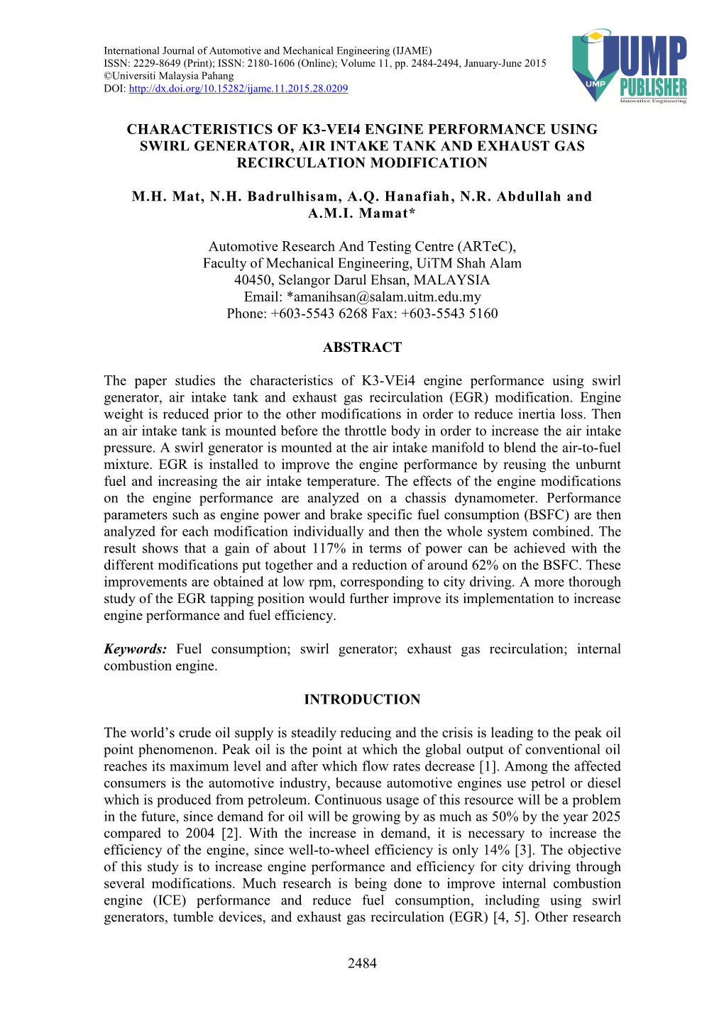 2484 Characteristics of K3-Vei4 Engine Performance