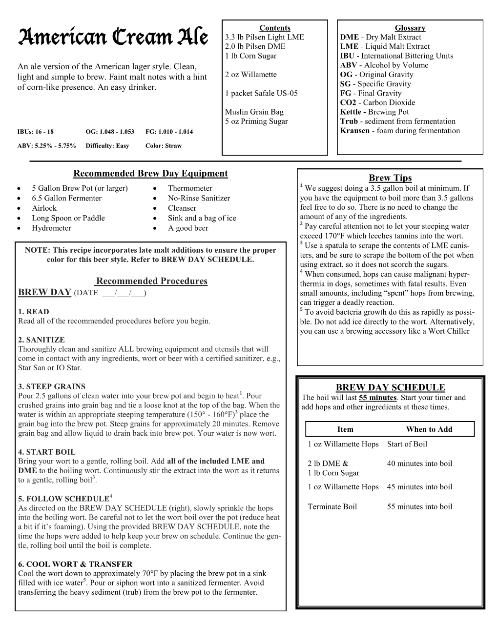 American Cream Ale – Recipe Sheet