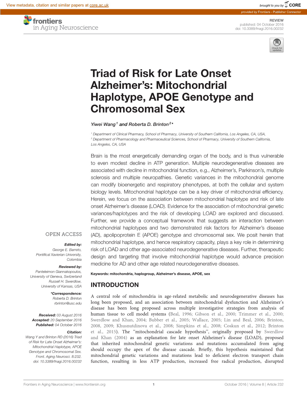 Triad of Risk for Late Onset Alzheimer's: Mitochondrial