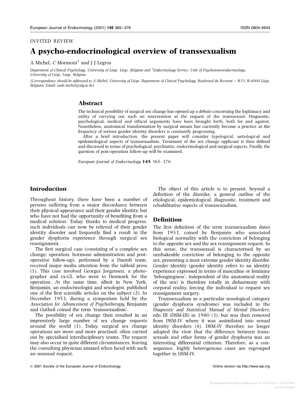 A Psycho-Endocrinological Overview of Transsexualism