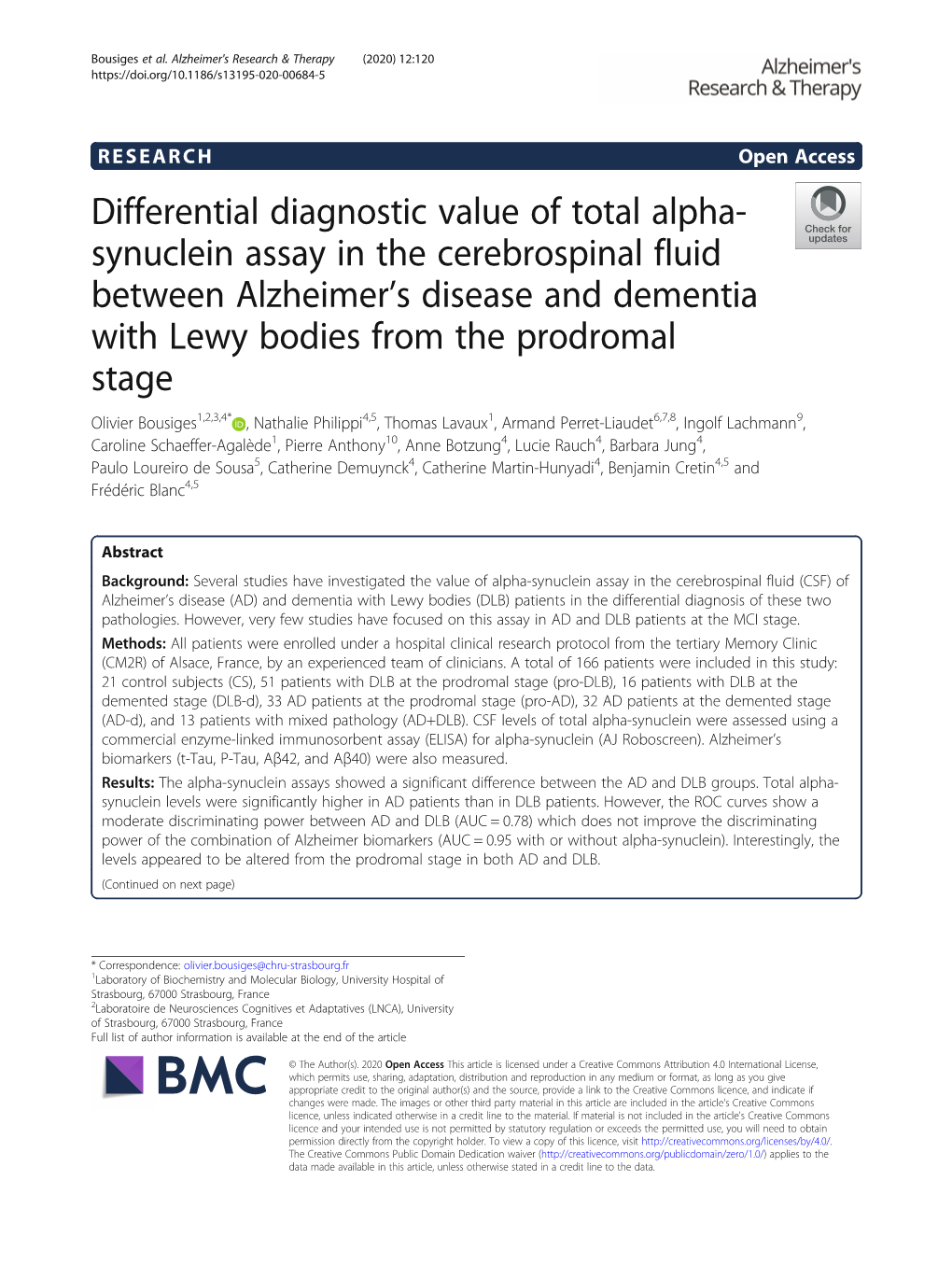 Differential Diagnostic Value of Total Alpha-Synuclein Assay in the Cerebrospinal Fluid Between Alzheimer's Disease and Dement