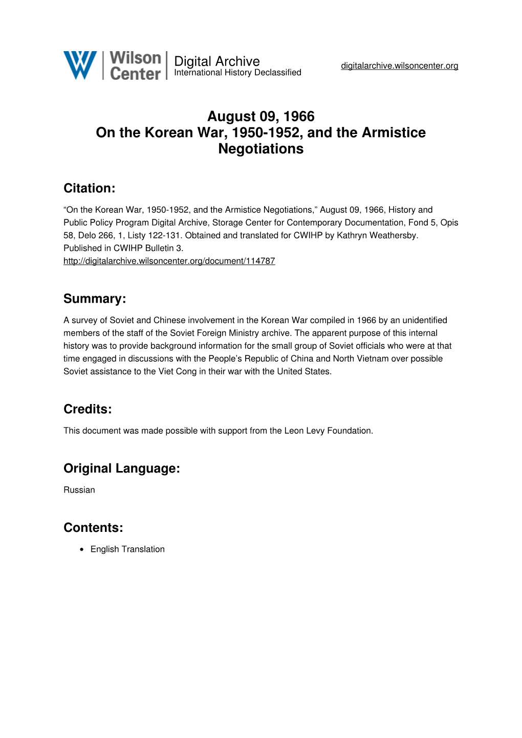August 09, 1966 on the Korean War, 1950-1952, and the Armistice Negotiations