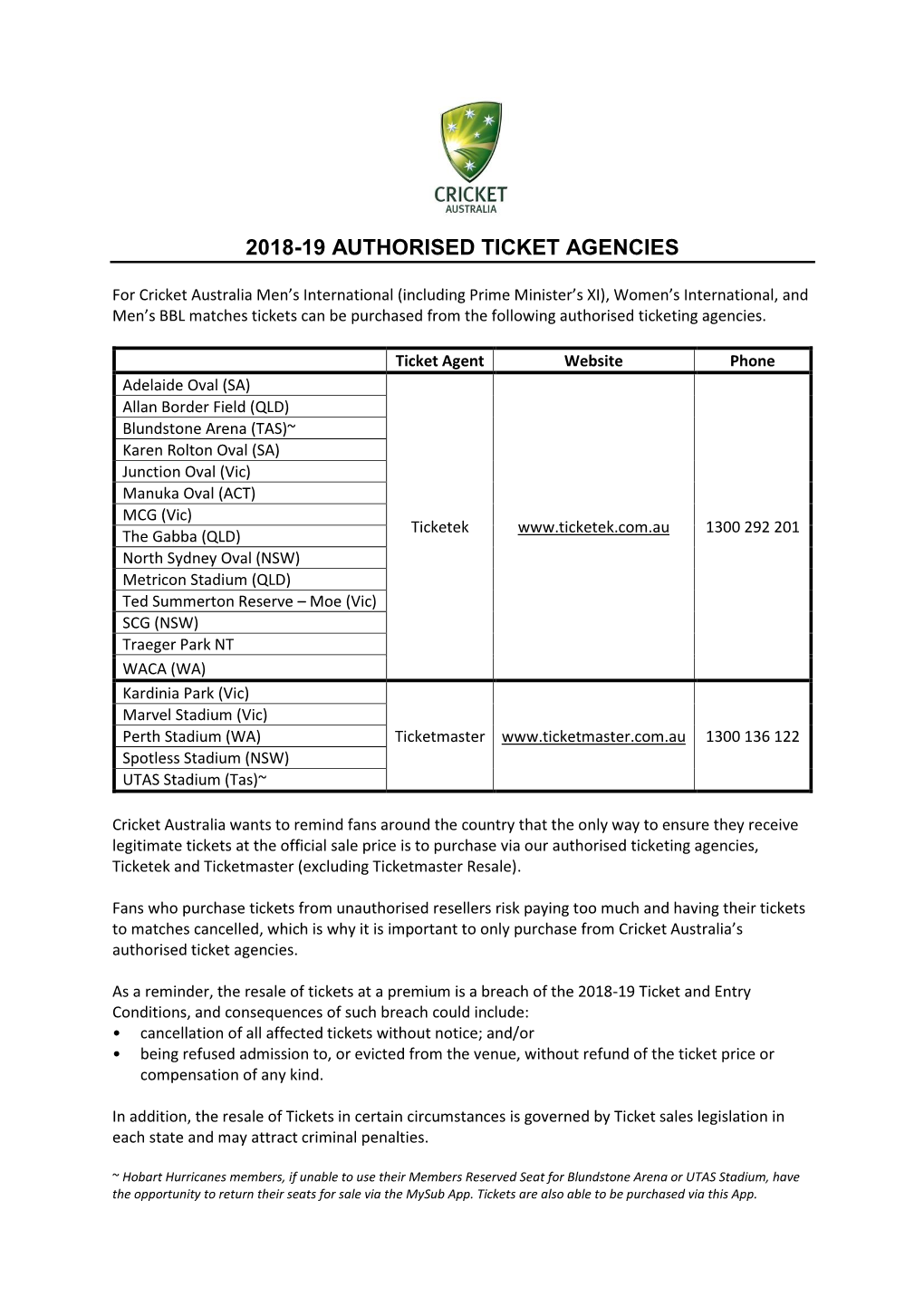 2018-19 Authorised Ticket Agencies