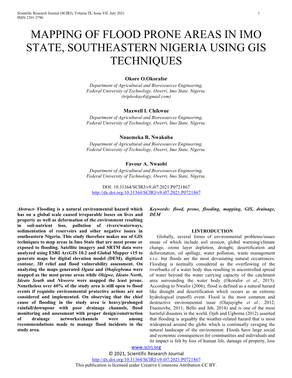 Mapping of Flood Prone Areas in Imo State, Southeastern Nigeria Using Gis Techniques