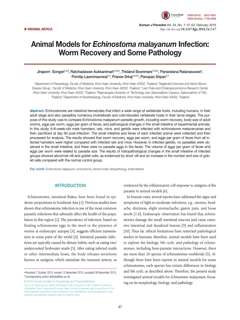 Animal Models for Echinostoma Malayanum Infection: Worm Recovery and Some Pathology