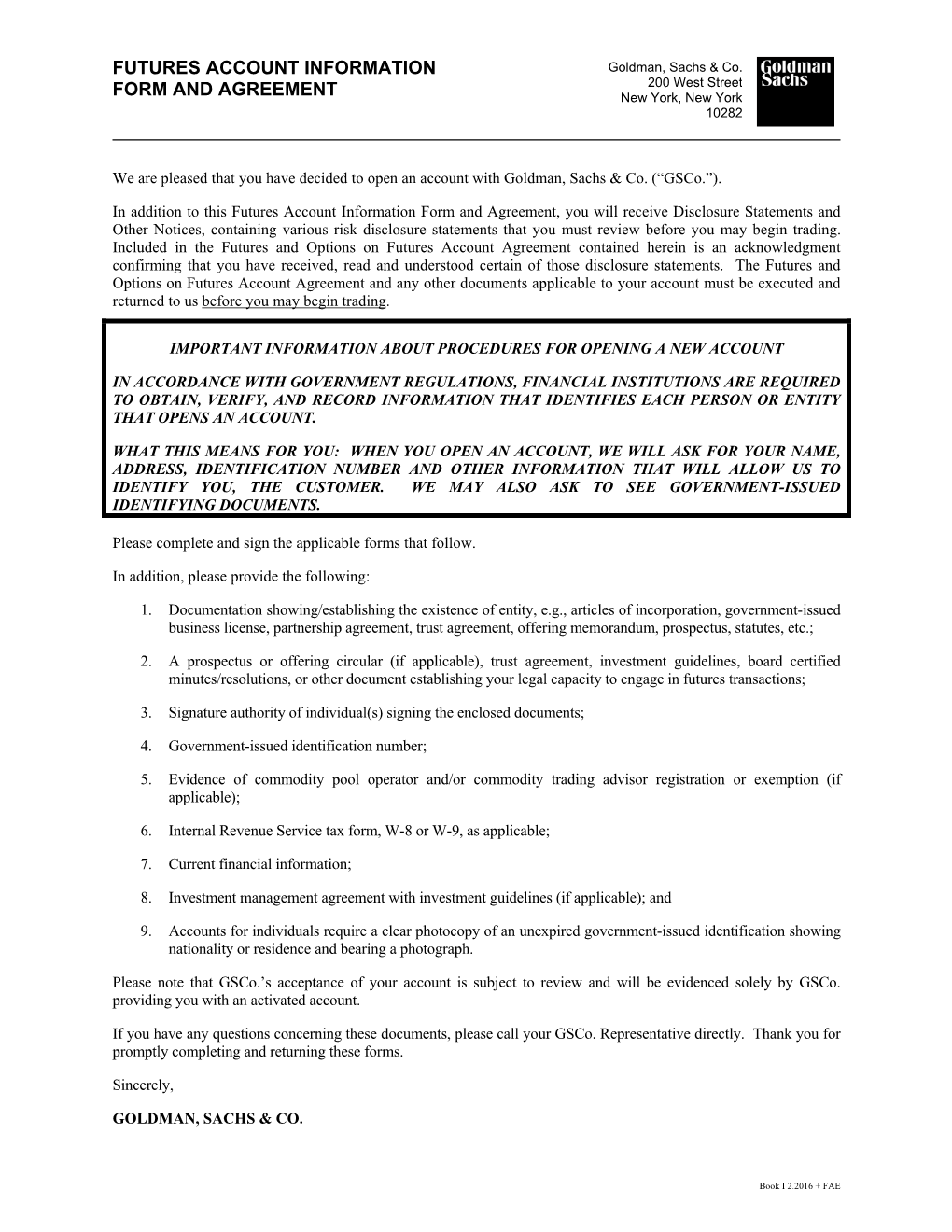 Futures Account Information Form and Agreement