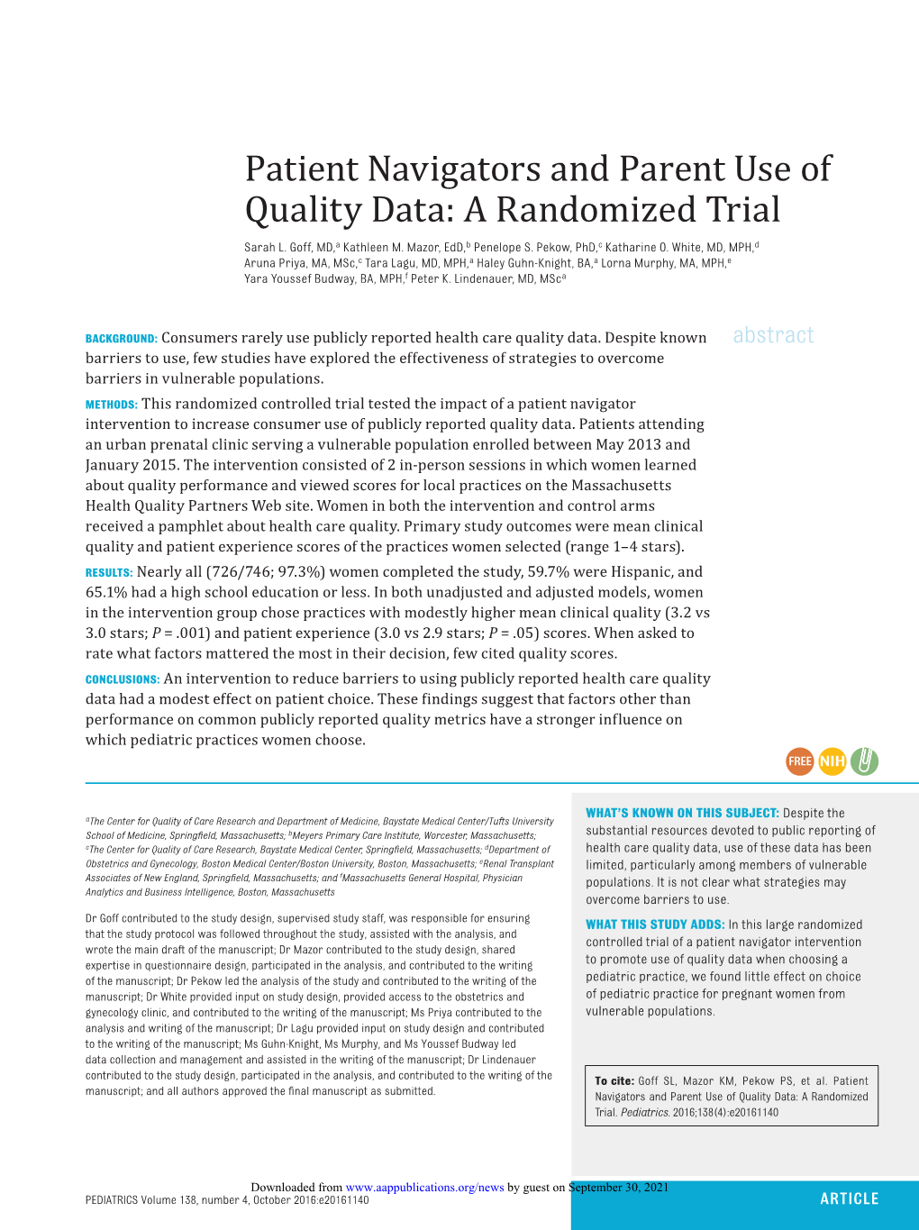 Patient Navigators and Parent Use of Quality Data: a Randomized Trial Sarah L