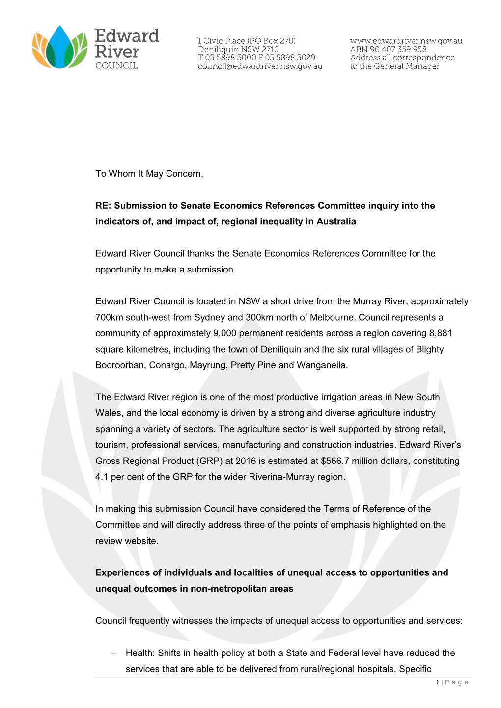 Submission to Senate Economics References Committee Inquiry Into the Indicators Of, and Impact Of, Regional Inequality in Australia