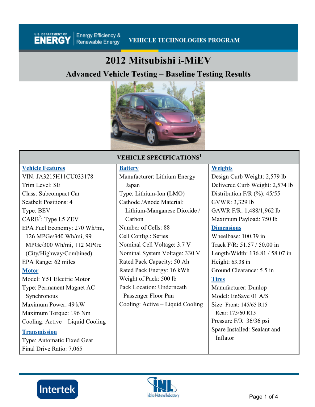 2012 Mitsubishi I-Miev Advanced Vehicle Testing – Baseline Testing Results