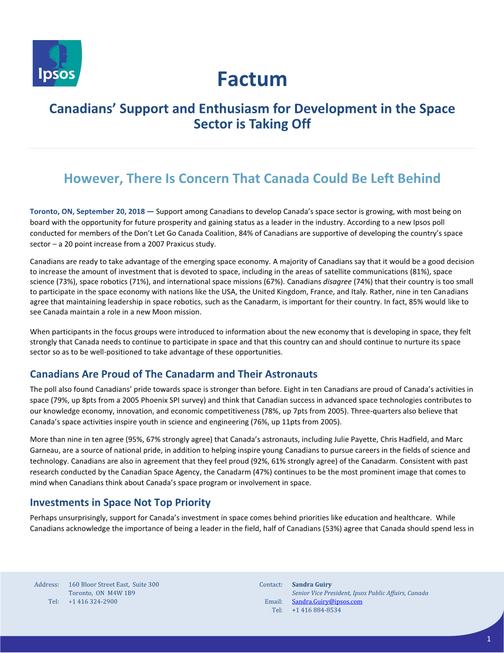 Factum Canadians’ Support and Enthusiasm for Development in the Space Sector Is Taking Off