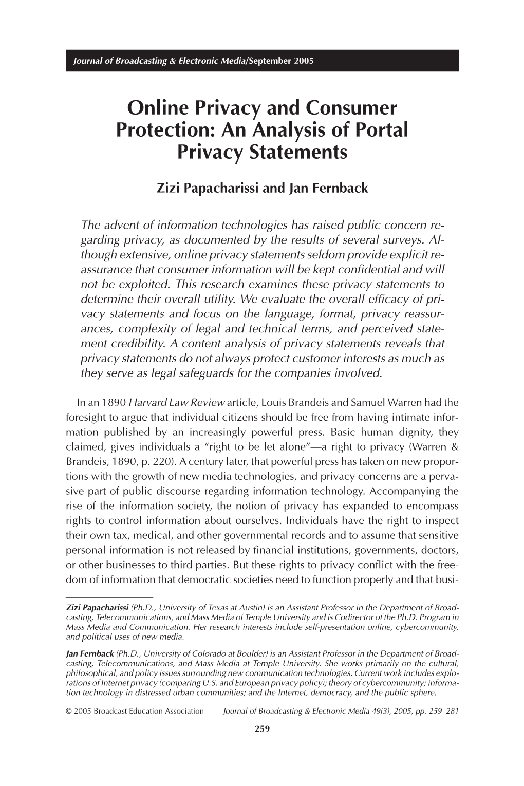 Online Privacy and Consumer Protection: an Analysis of Portal Privacy Statements